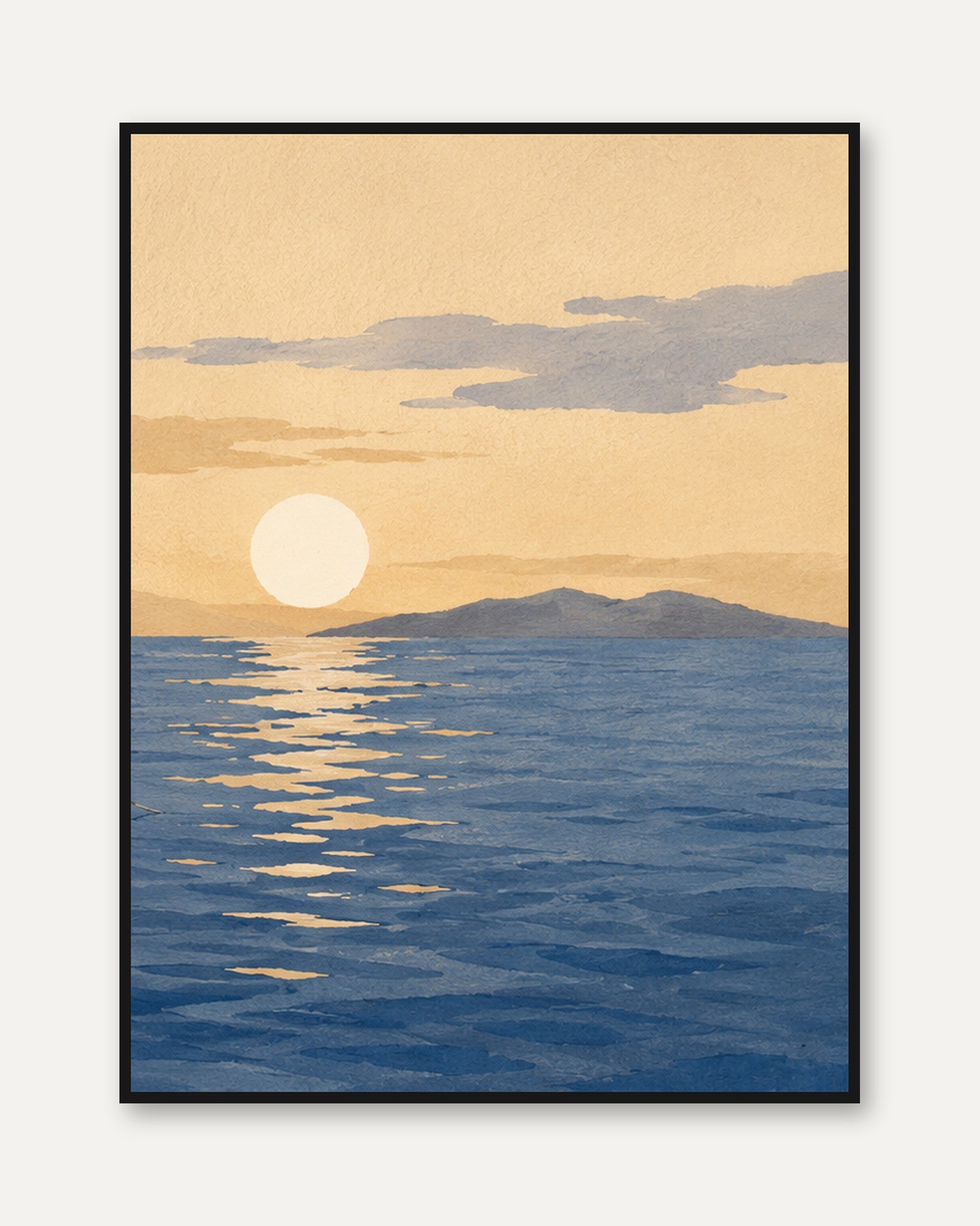 Minimalist Ocean Sunset Print: Peach and Blue Seascape Art - framed