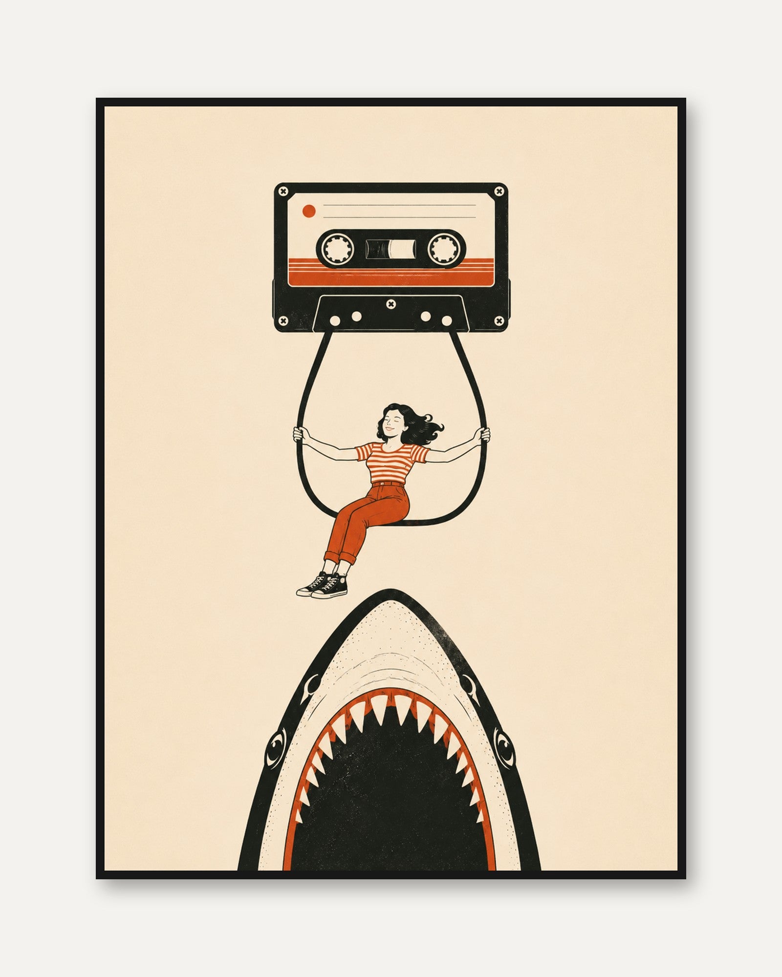 Cassette Tape Shark Illustration: Nostalgic Retro Wall Art - framed