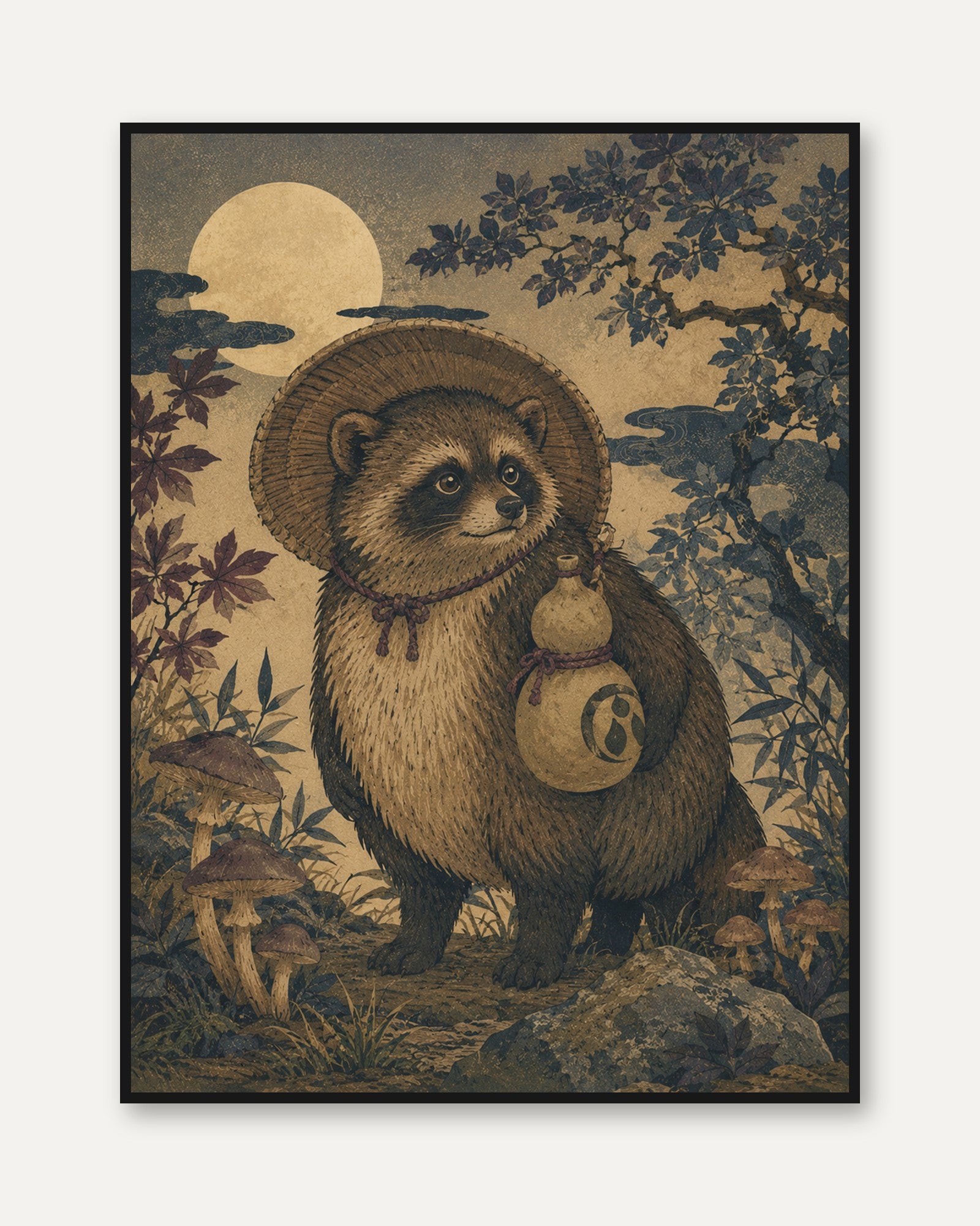 Tanuki Traveler Print: Japanese Folk Art Woodland Illustration - framed