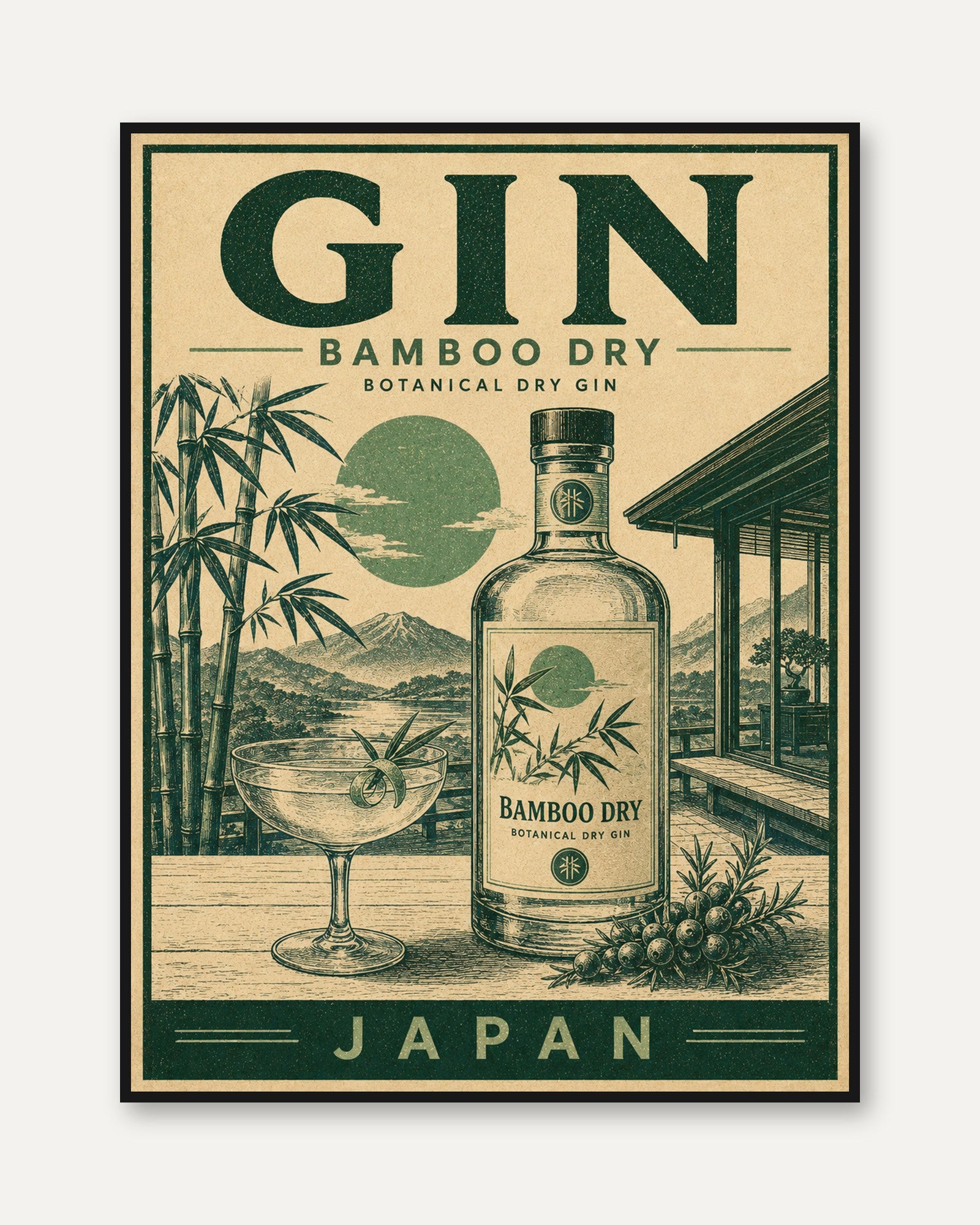 Japanese Gin Poster Print: Retro Bamboo Design - framed