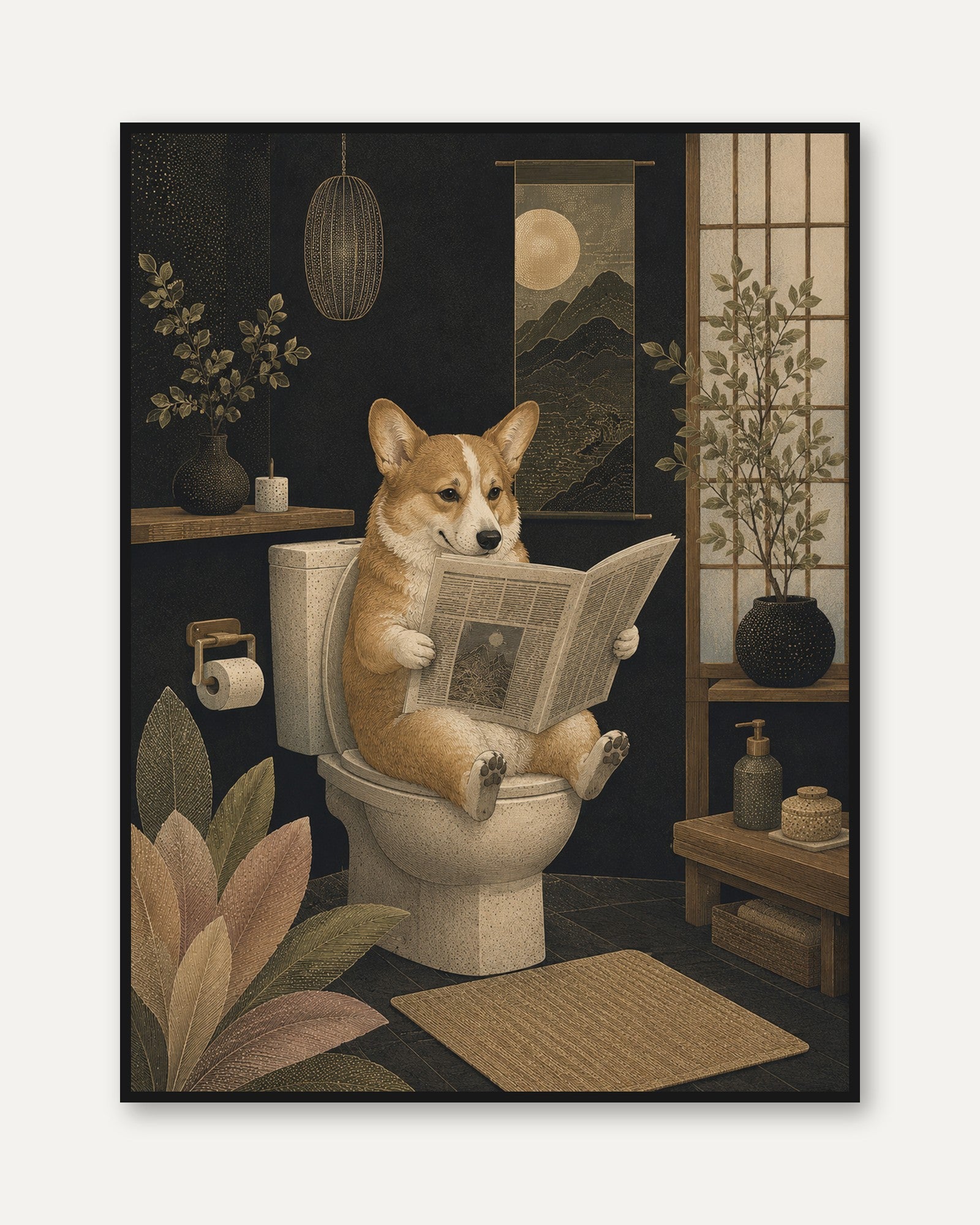 Corgi Bathroom Wall Art – Funny Dog Print - framed