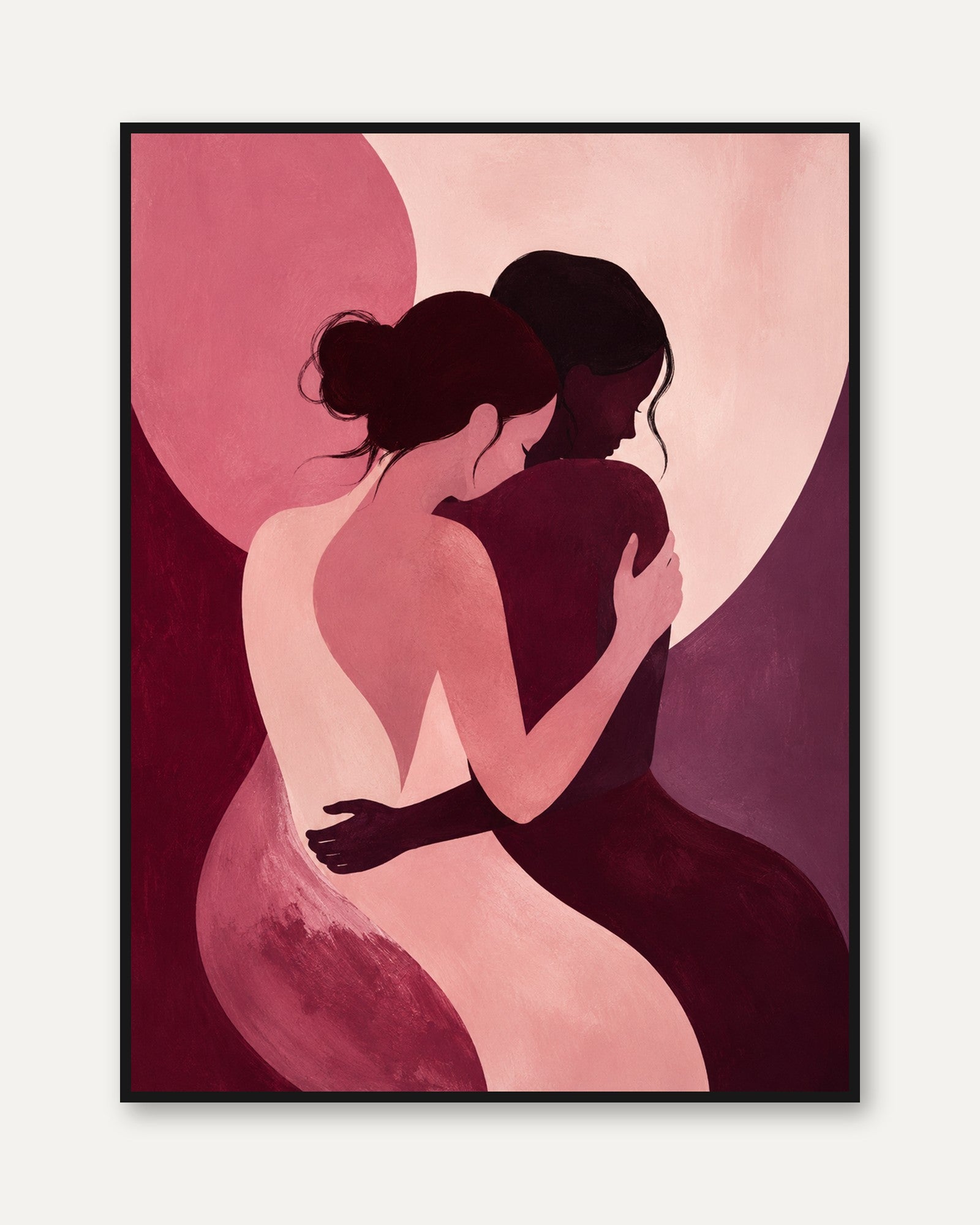 Embrace Silhouette Art Print: Modern Pink and Burgundy Figures - framed