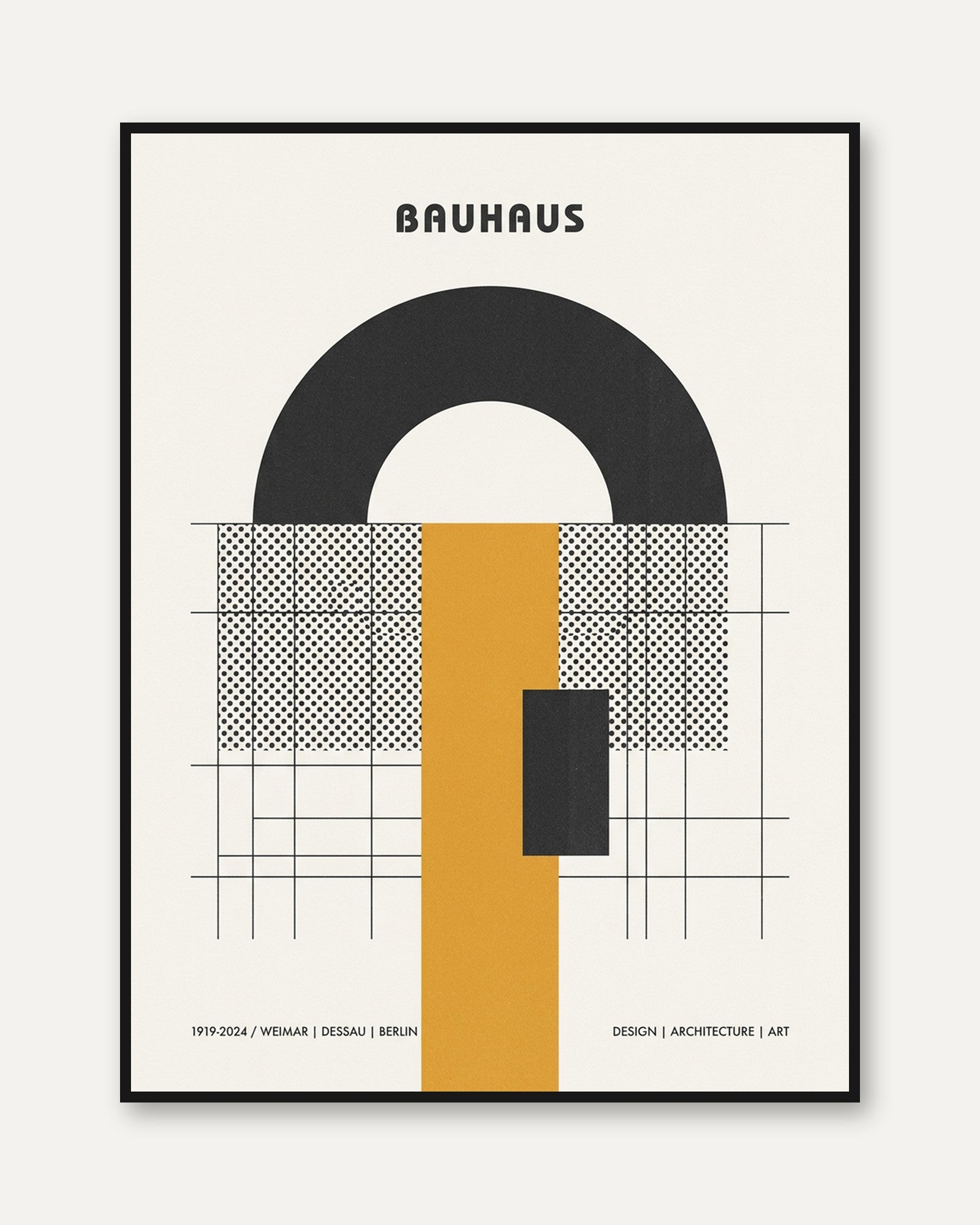Bauhaus Geometric Poster: Black Arch and Yellow Grid Design - framed