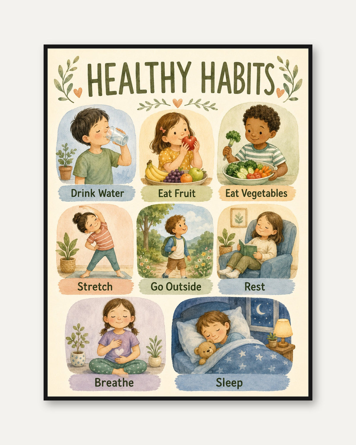 Healthy Habits Kids Print: Educational Chart for Playroom Decor - framed