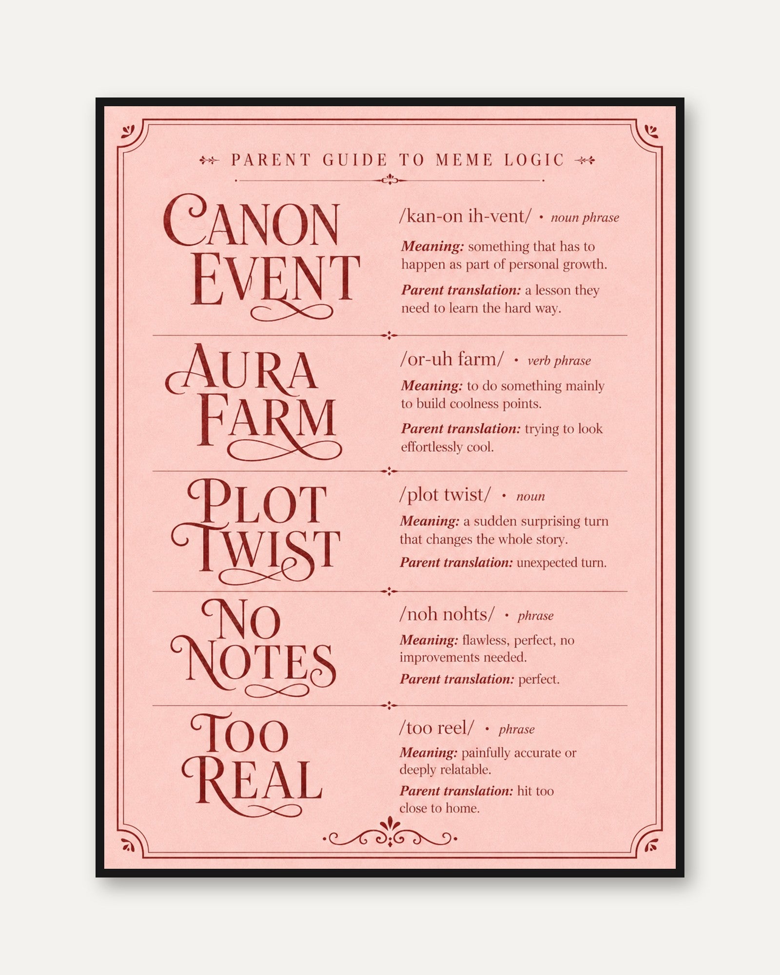 Parent Guide to Meme Logic Art Print: Humorous Typography Poster - framed