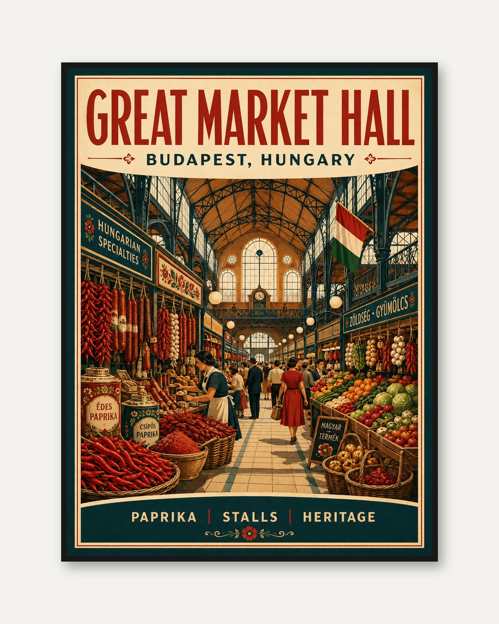 Market Hall Budapest Travel Print – Vintage Hungarian Market Art - framed