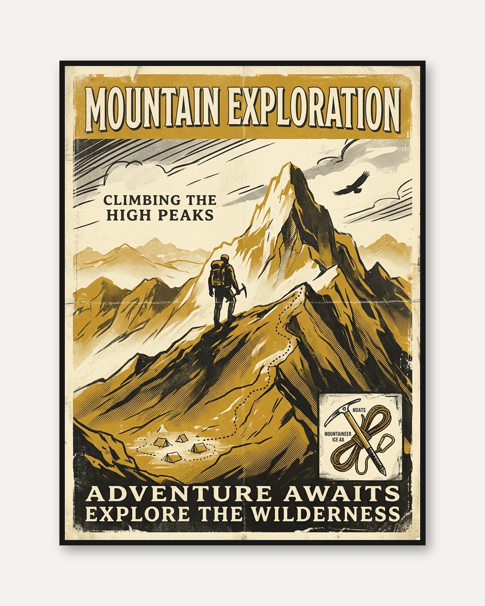 Mountain Exploration Poster: Vintage Climbing Adventure Art Print - framed