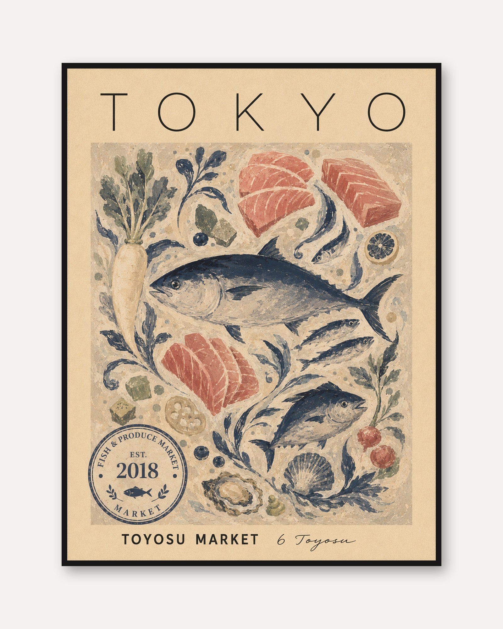 Tokyo Fish Market Poster: Vintage Japanese Seafood Illustration - framed