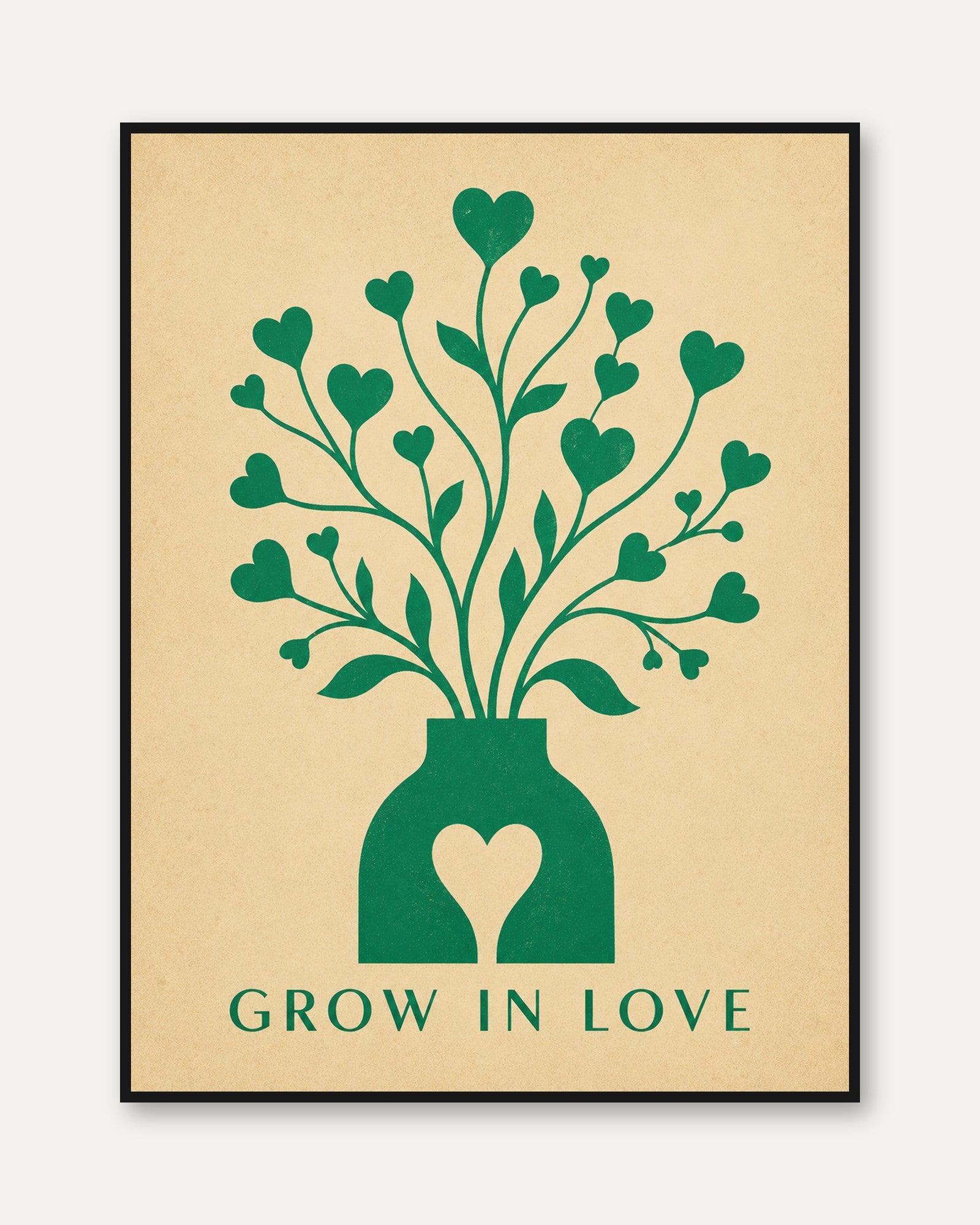 Grow in Love Heart Vase Print: Folk Art Green Botanical Poster - framed