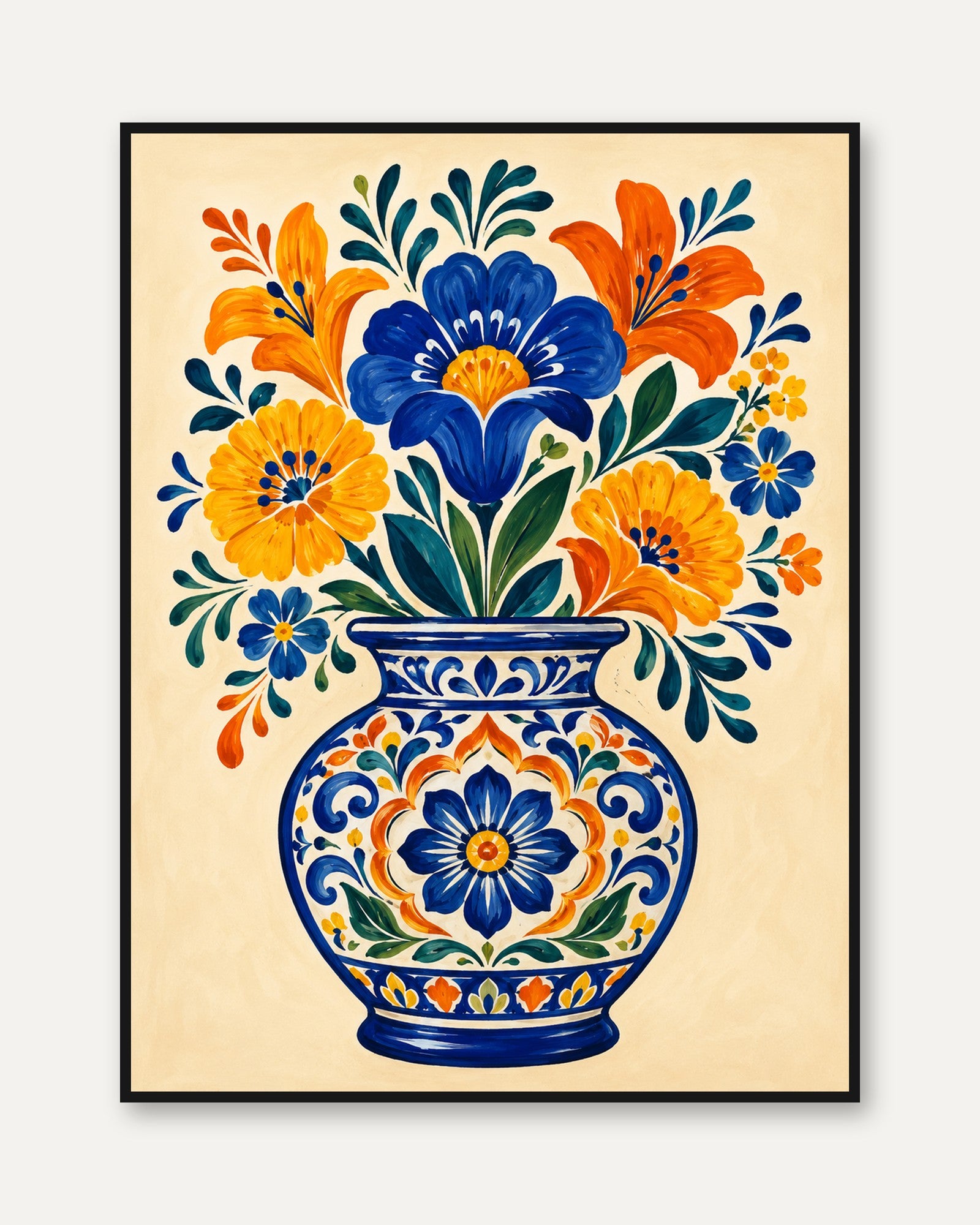 Folk Art Vase Print – Floral Pottery Wall Art - framed