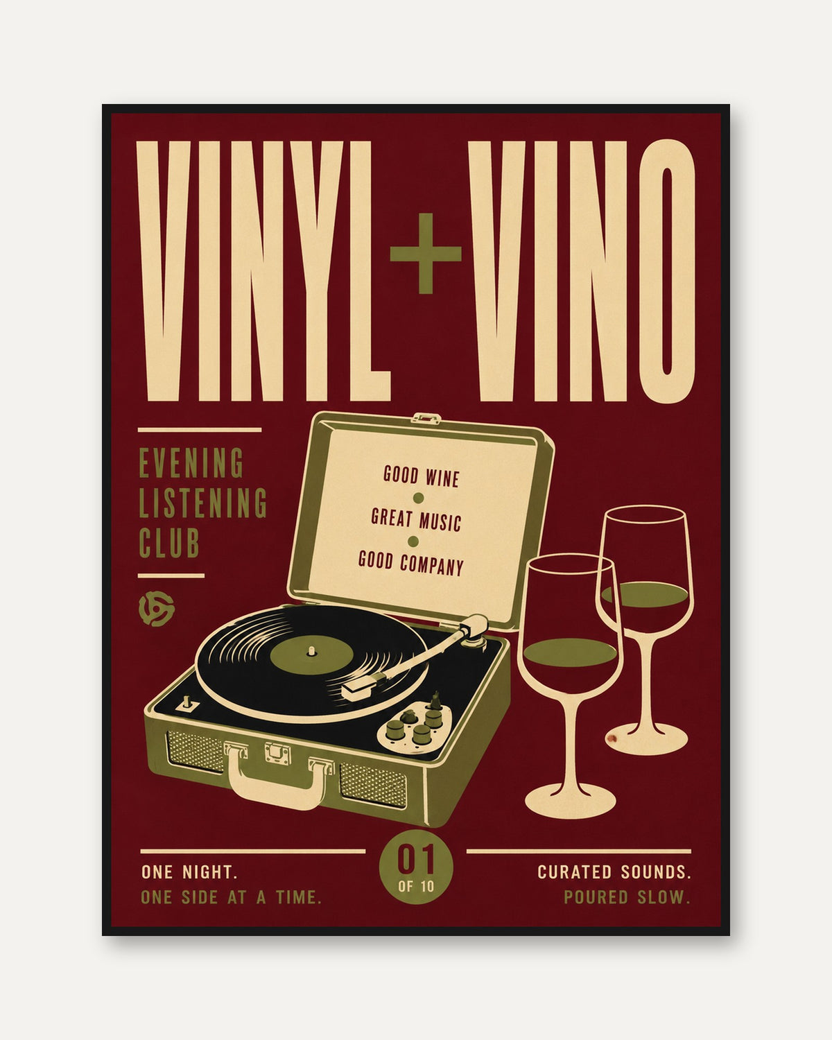 Vinyl and Vino Retro Poster: Mid-Century Music Listening Club - framed