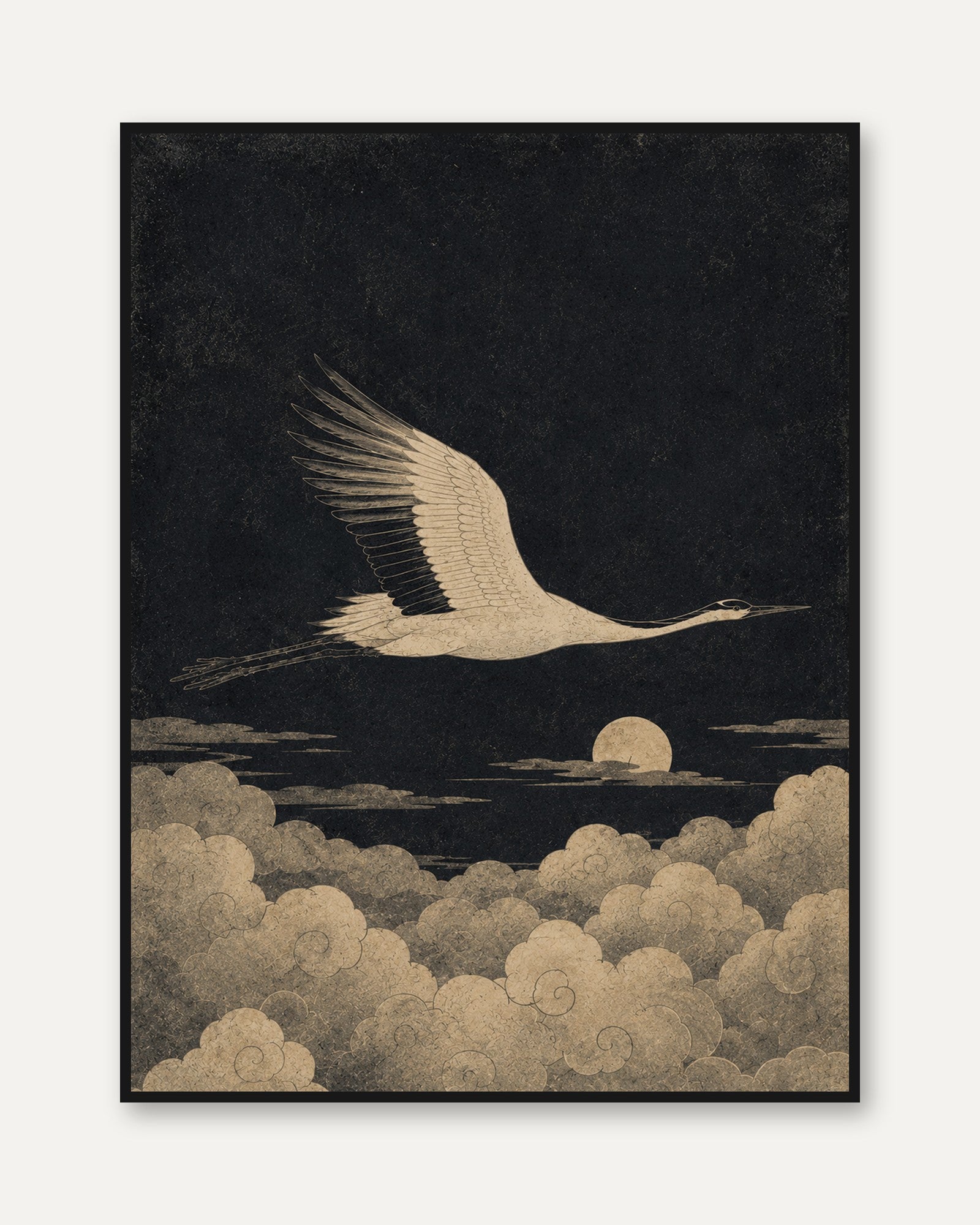Japanese Crane Print: Vintage Oriental Bird Artwork (Gold & Black) - framed