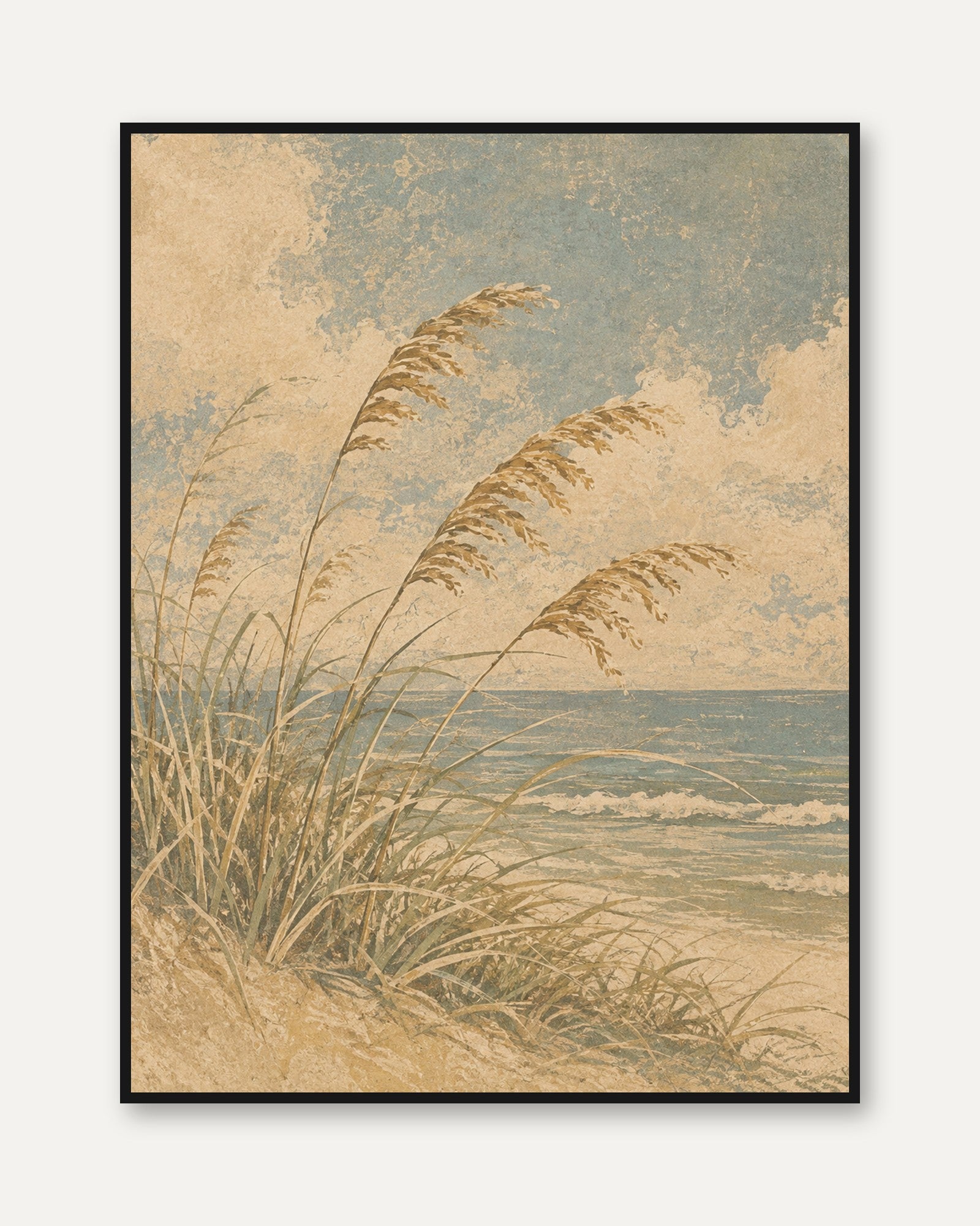 Coastal Grass Wall Art – Vintage Beach Print - framed