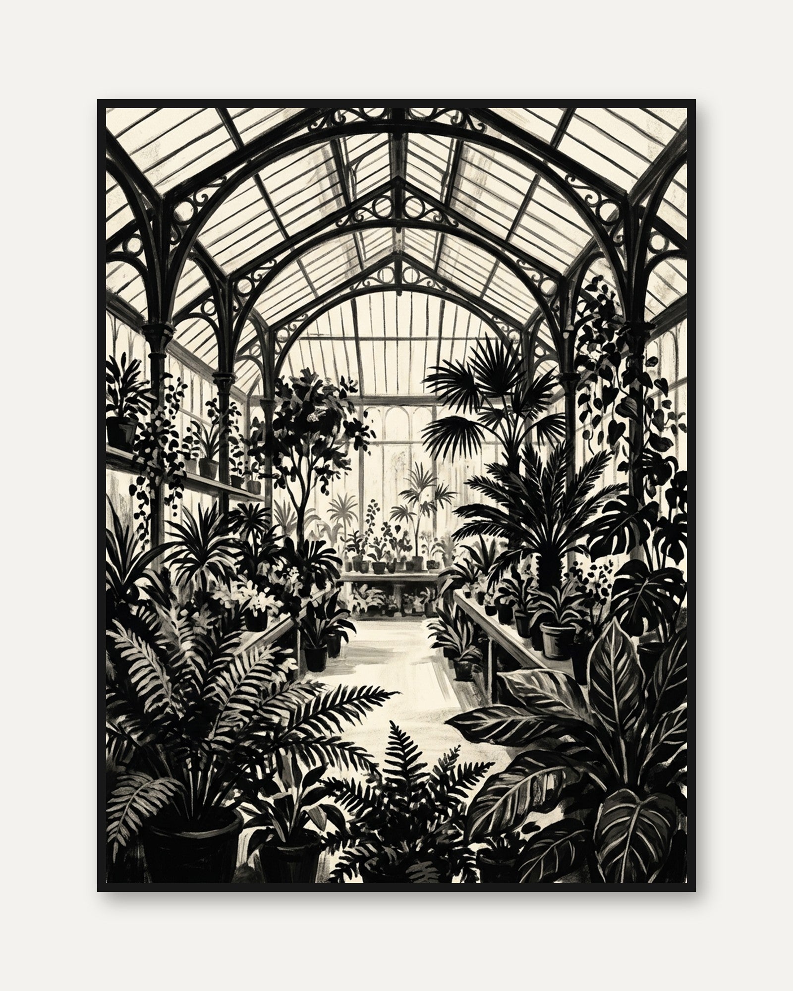 Victorian Glasshouse Interior: Black and White Botanical Art Print - framed