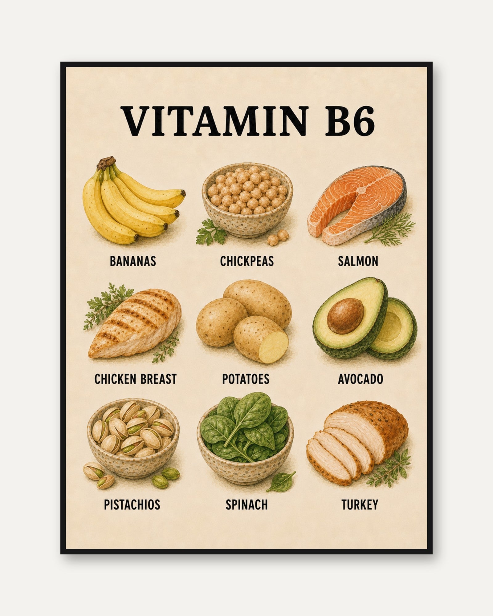 Vitamin B6 Foods Poster – Kitchen Wall Art - framed