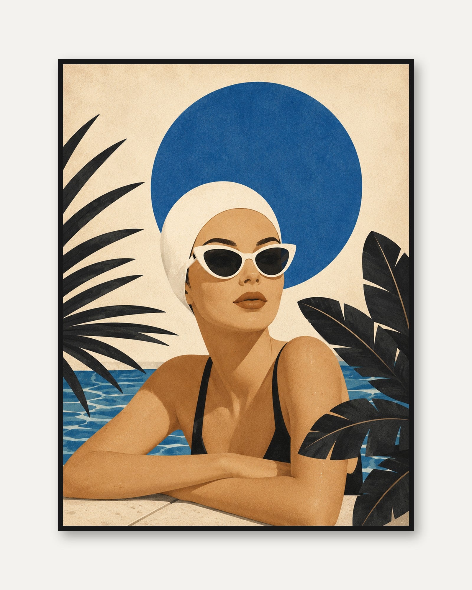 Poolside Woman Print – Retro Summer Wall Art - framed