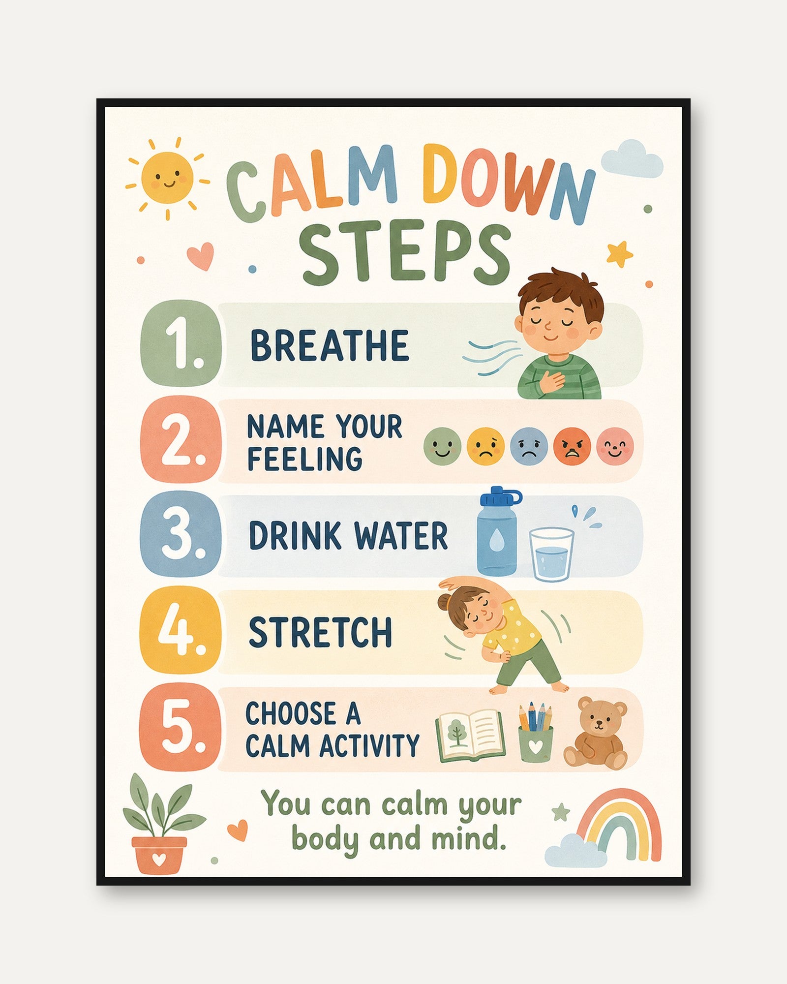 Calm Down Steps Poster – Kids Room Wall Art - framed