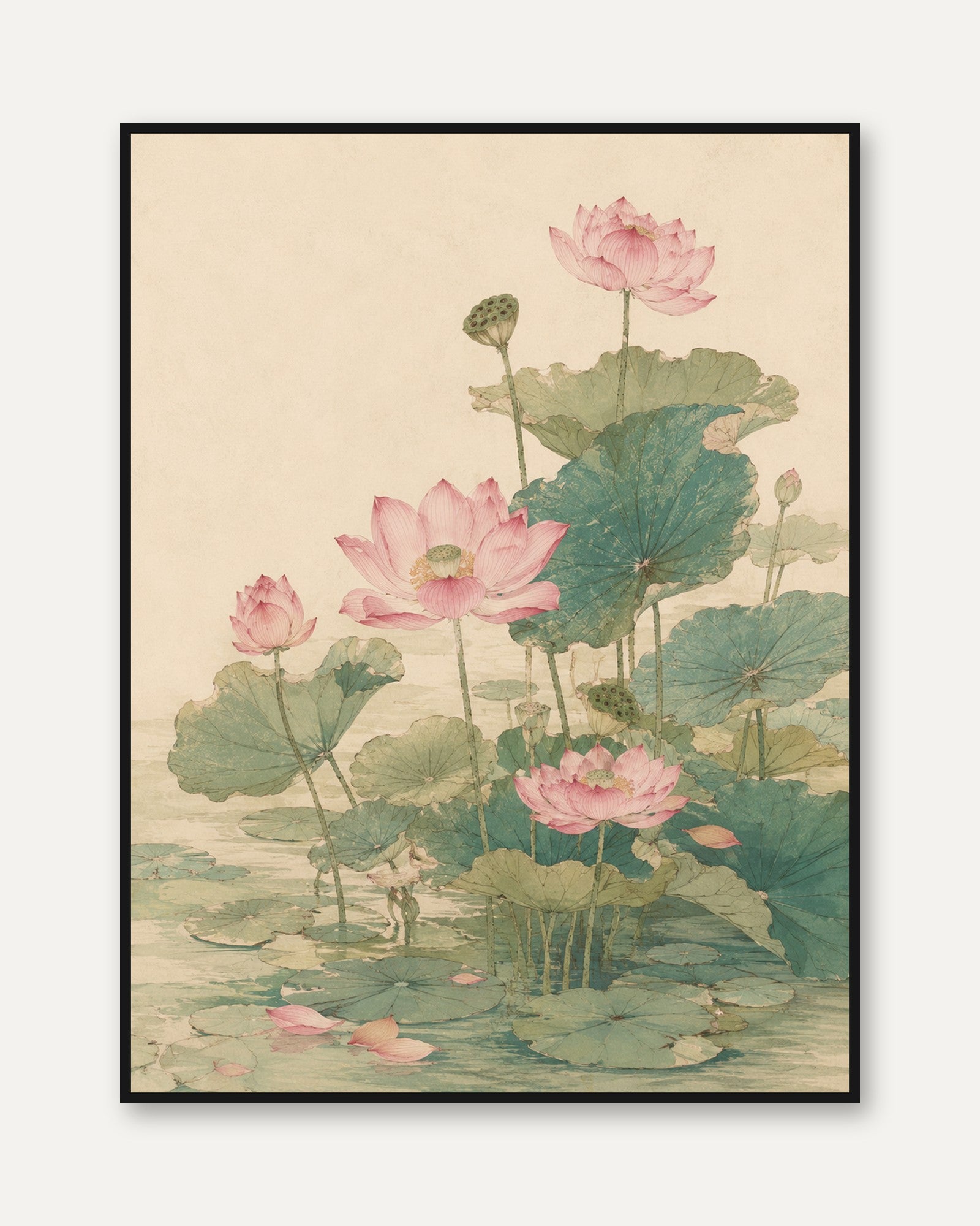 Pink Lotus Flowers Art Print: Vintage Botanical Watercolor - framed