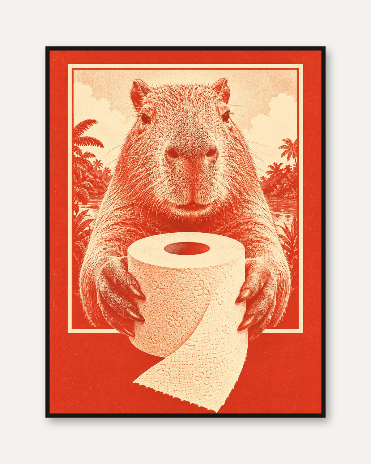 Capybara Wall Art: Quirky Retro Animal Print (Bathroom Decor) - framed