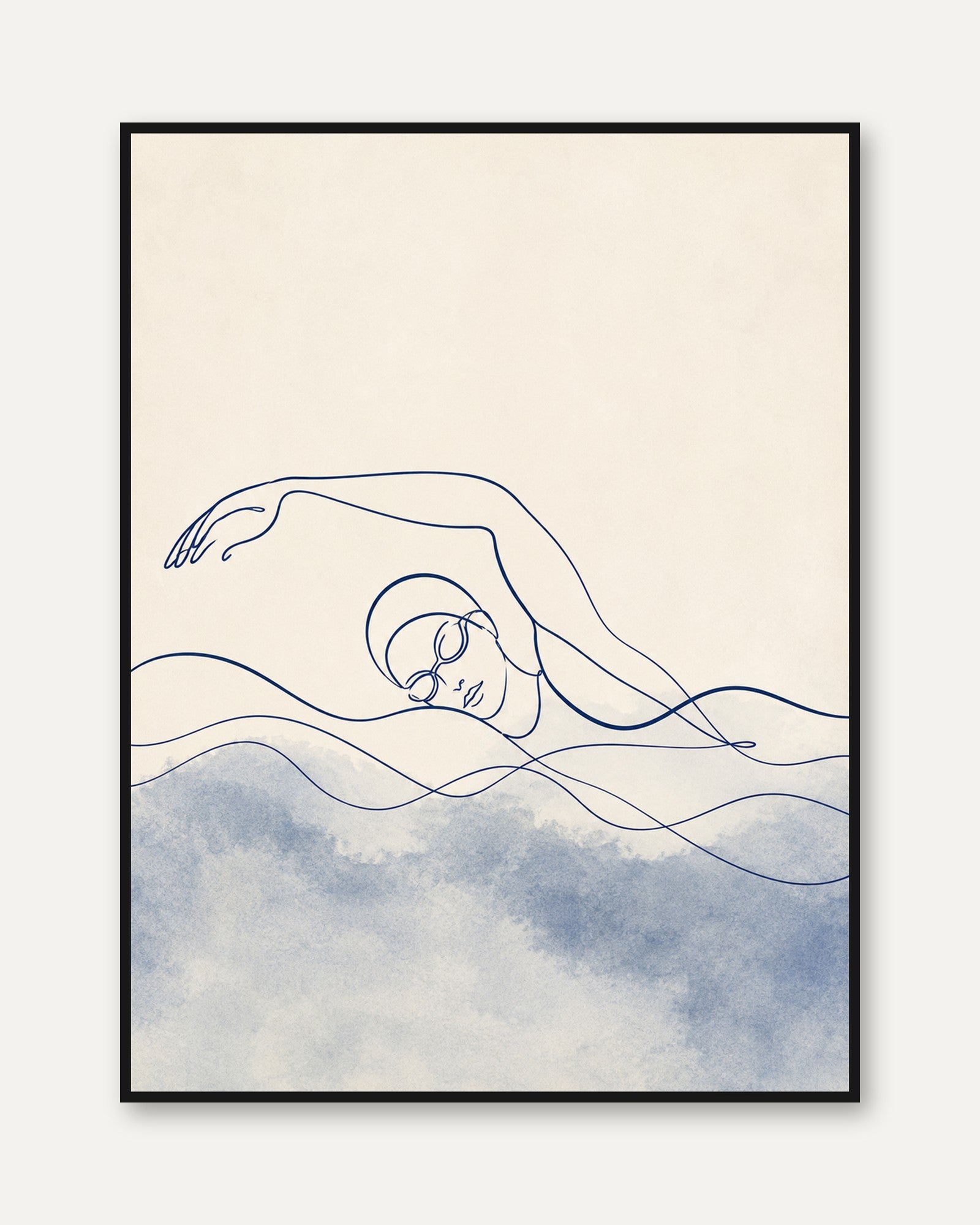 Flowing Figure Line Art Print: Minimalist Blue Watercolor Abstract - framed