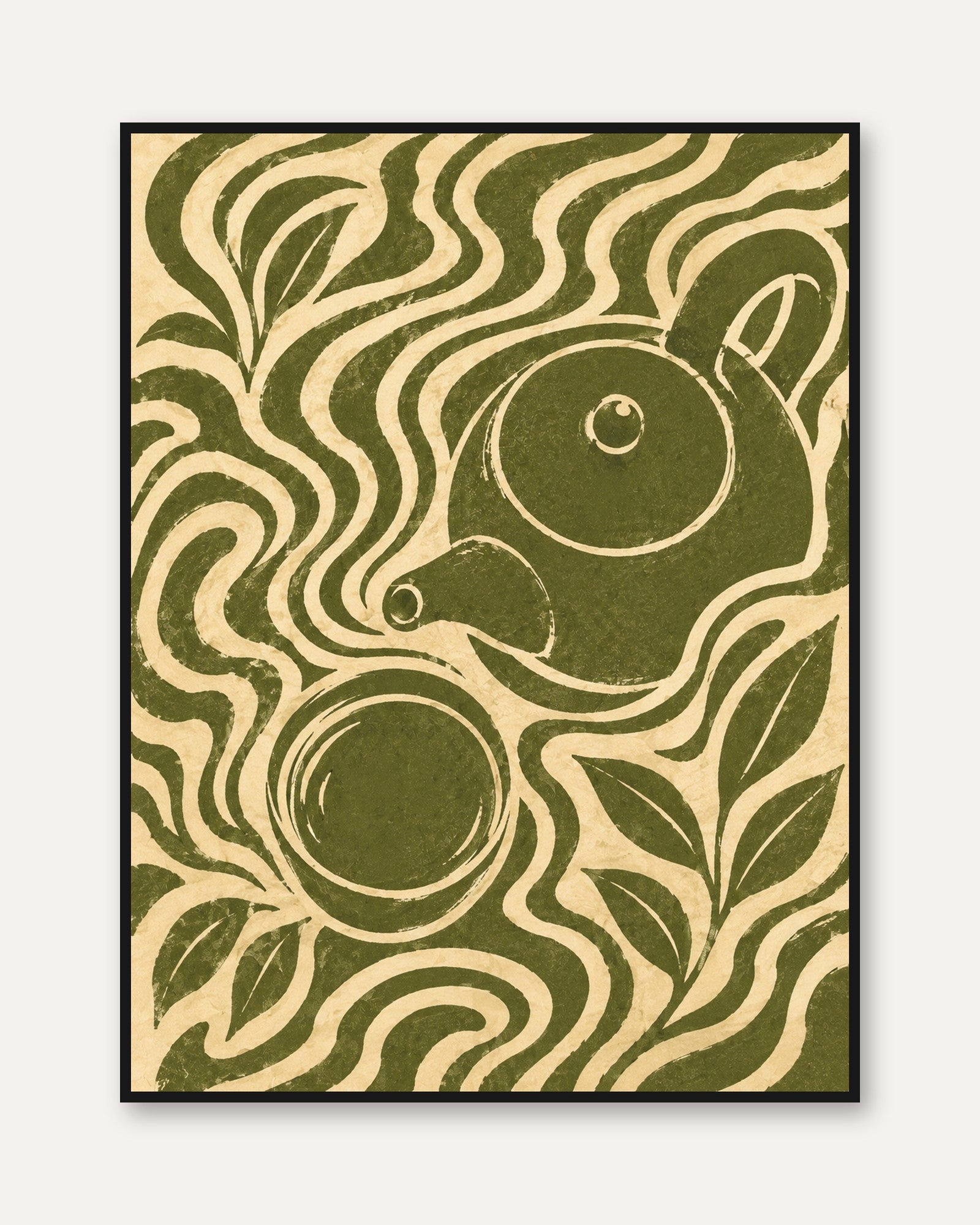 Art Nouveau Bird Print: Olive Green Decorative Design - framed