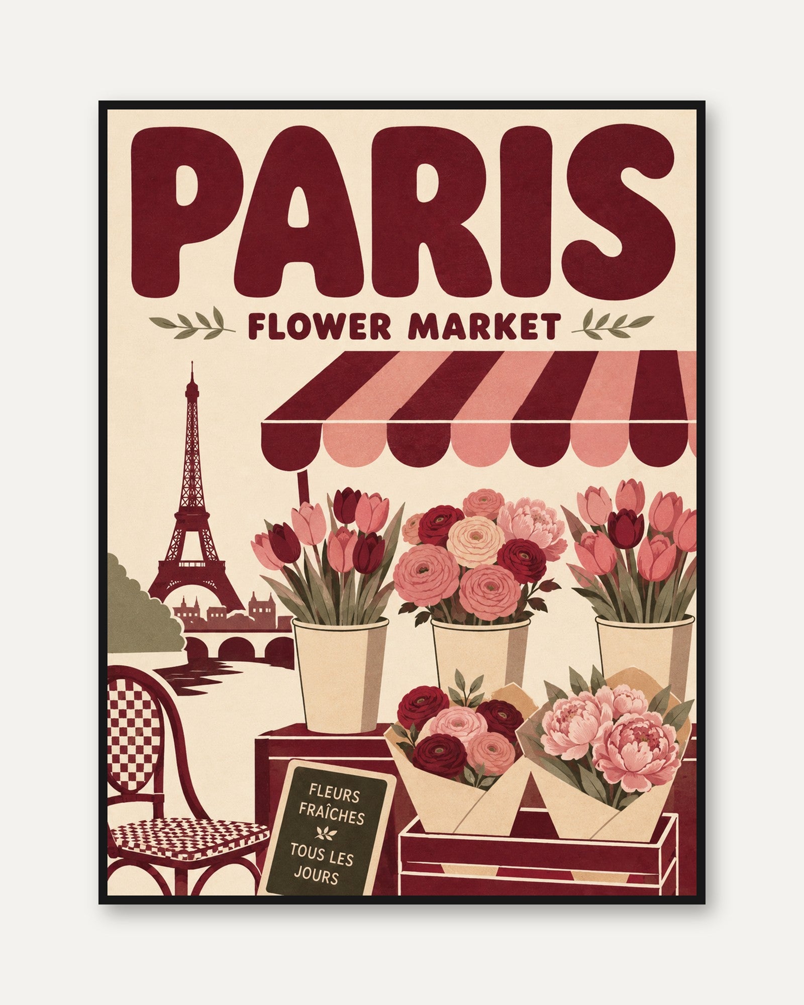 Vintage Paris Wall Art: Flower Market Scene - framed