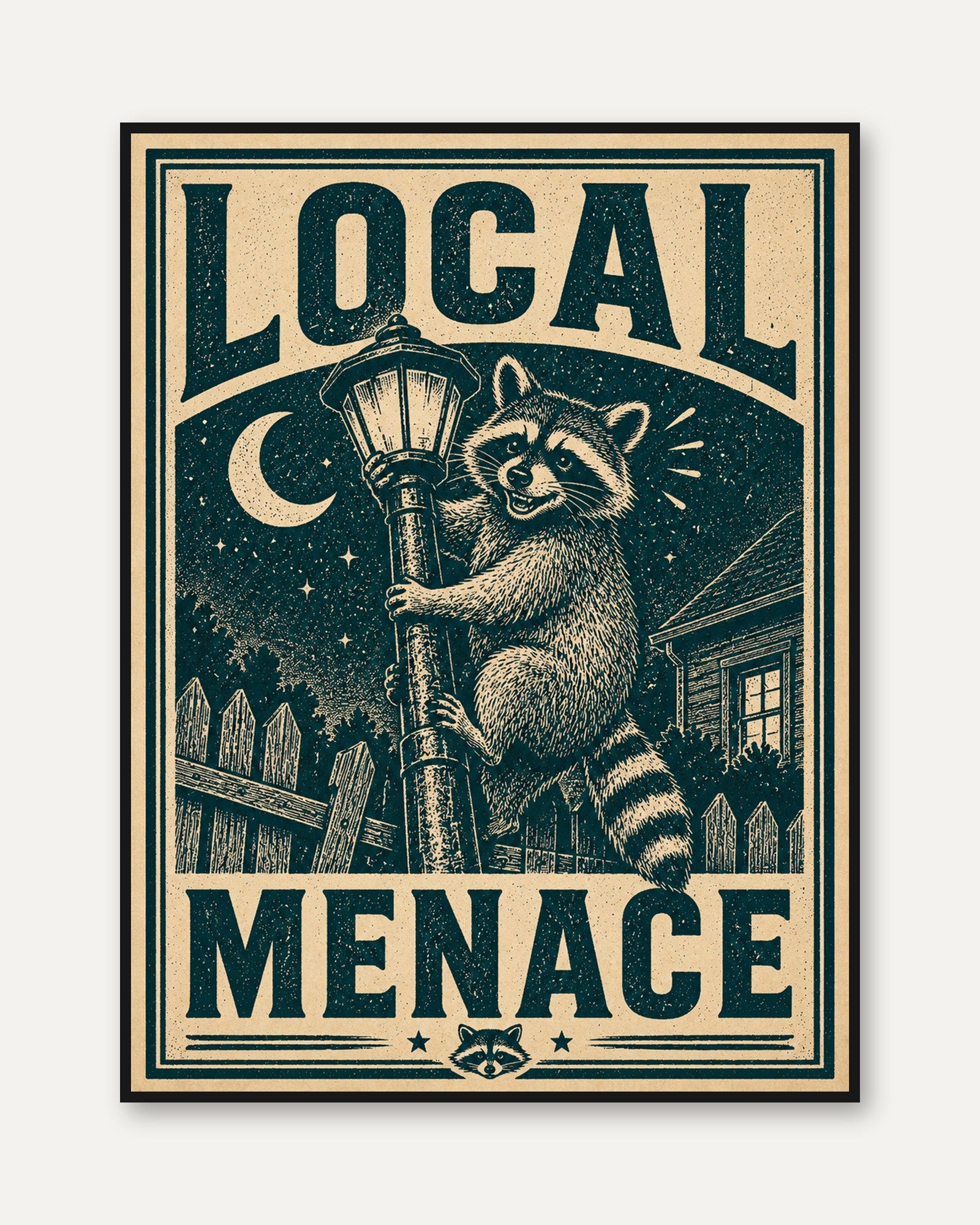 Local Menace Raccoon Poster: Vintage Linocut Style Wall Art - framed