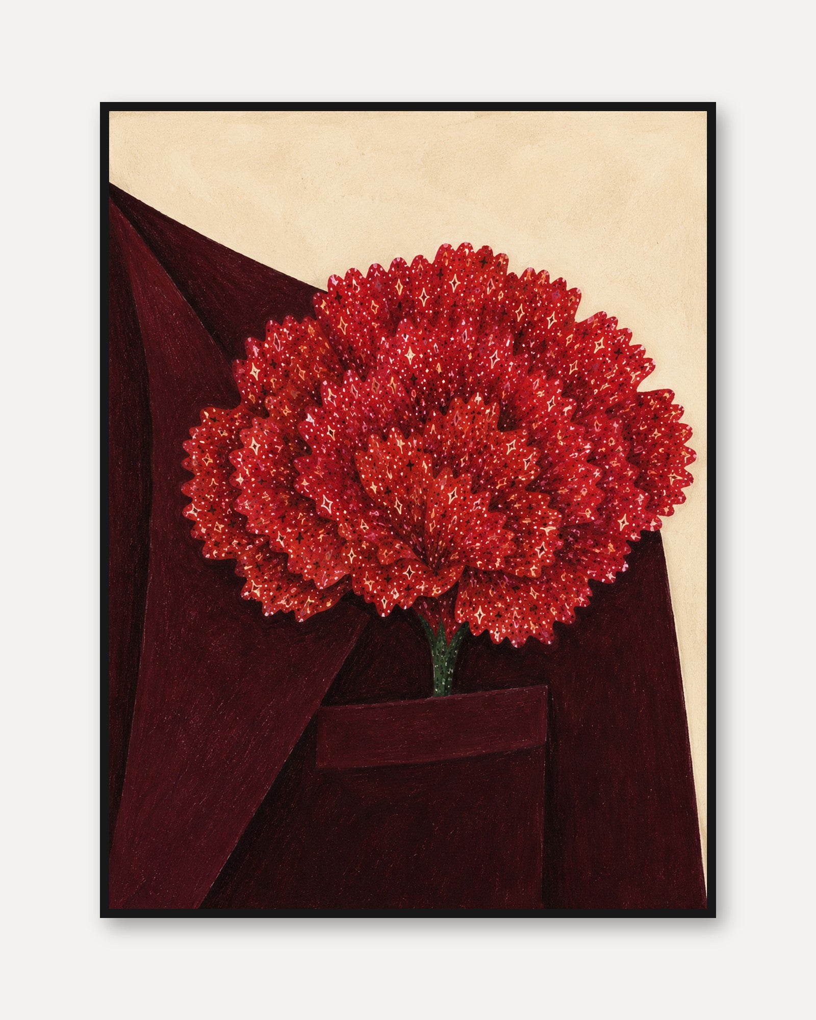 Red Flower Wall Art – Vintage Floral Print - framed