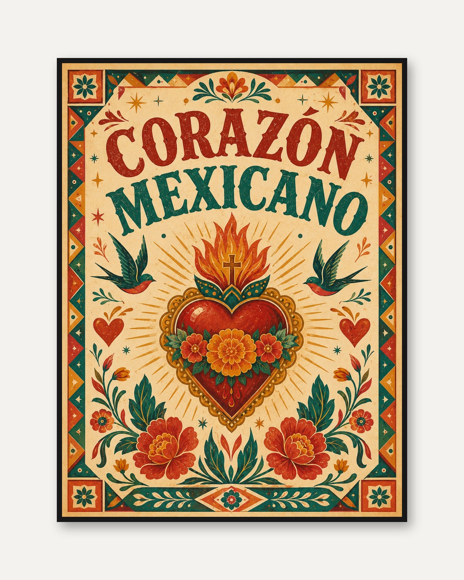 Corazón Mexicano Folk Art Print – Sacred Heart - framed