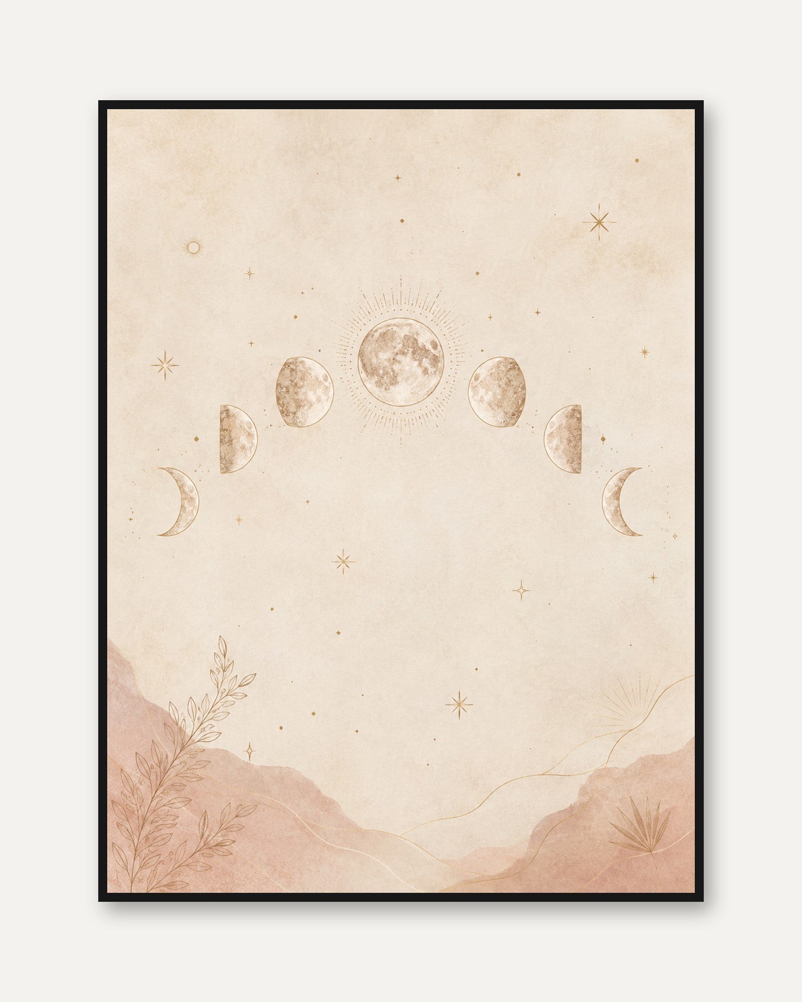 Moon Phases Wall Art: Celestial Beige and Gold Minimalist Print - framed