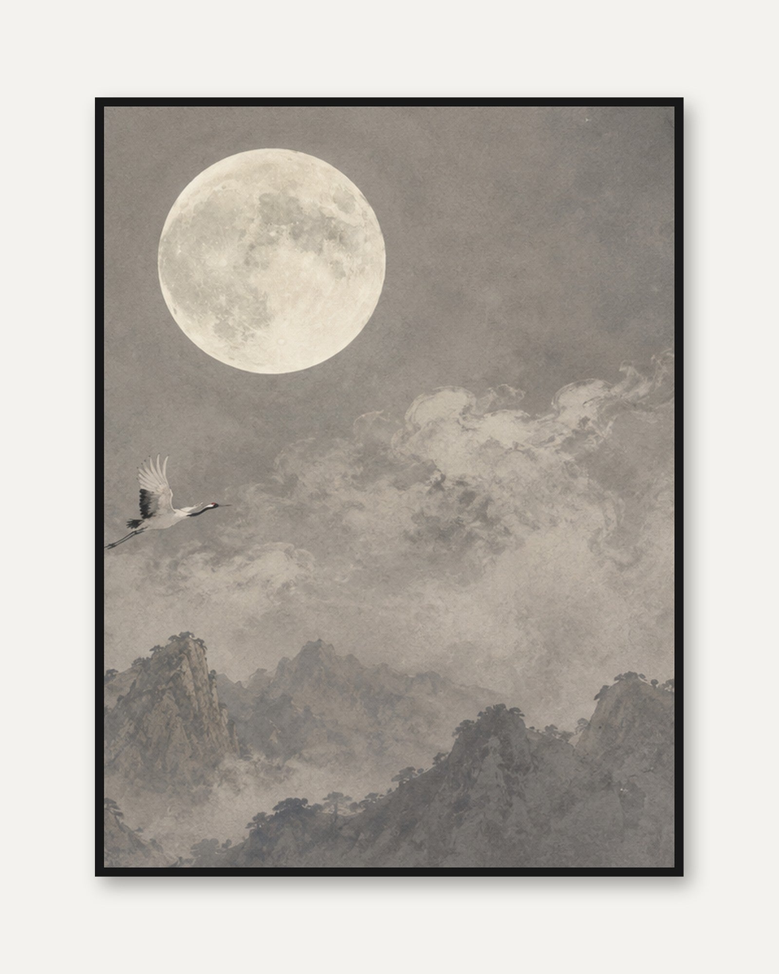 Crane and Full Moon Print: Asian Ink Wash Mountain Landscape - framed