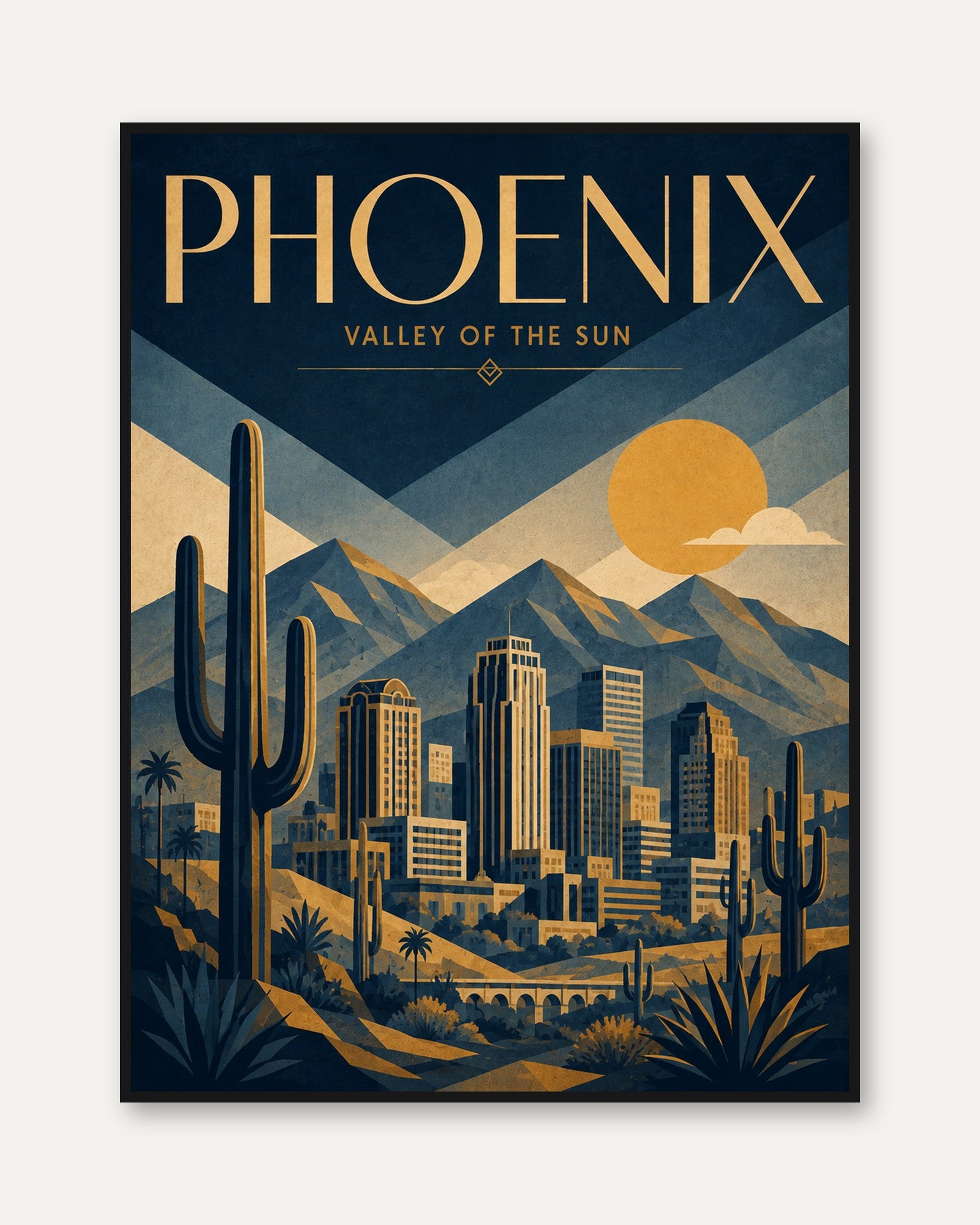 Phoenix Travel Poster: Art Deco Desert Cityscape Wall Art - framed