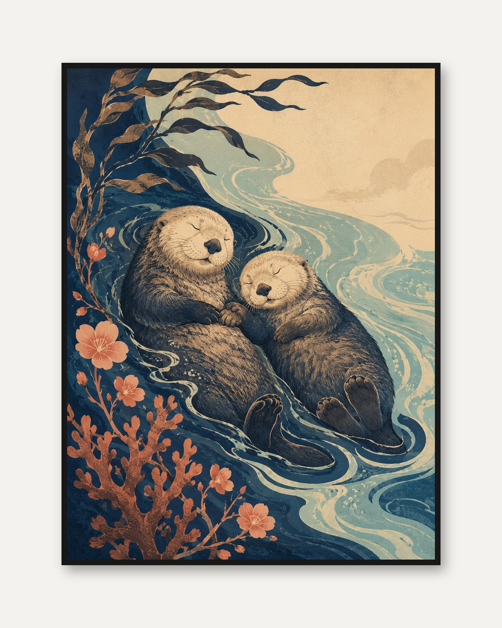Sea Otter Art Print — Japanese Wave Style - framed