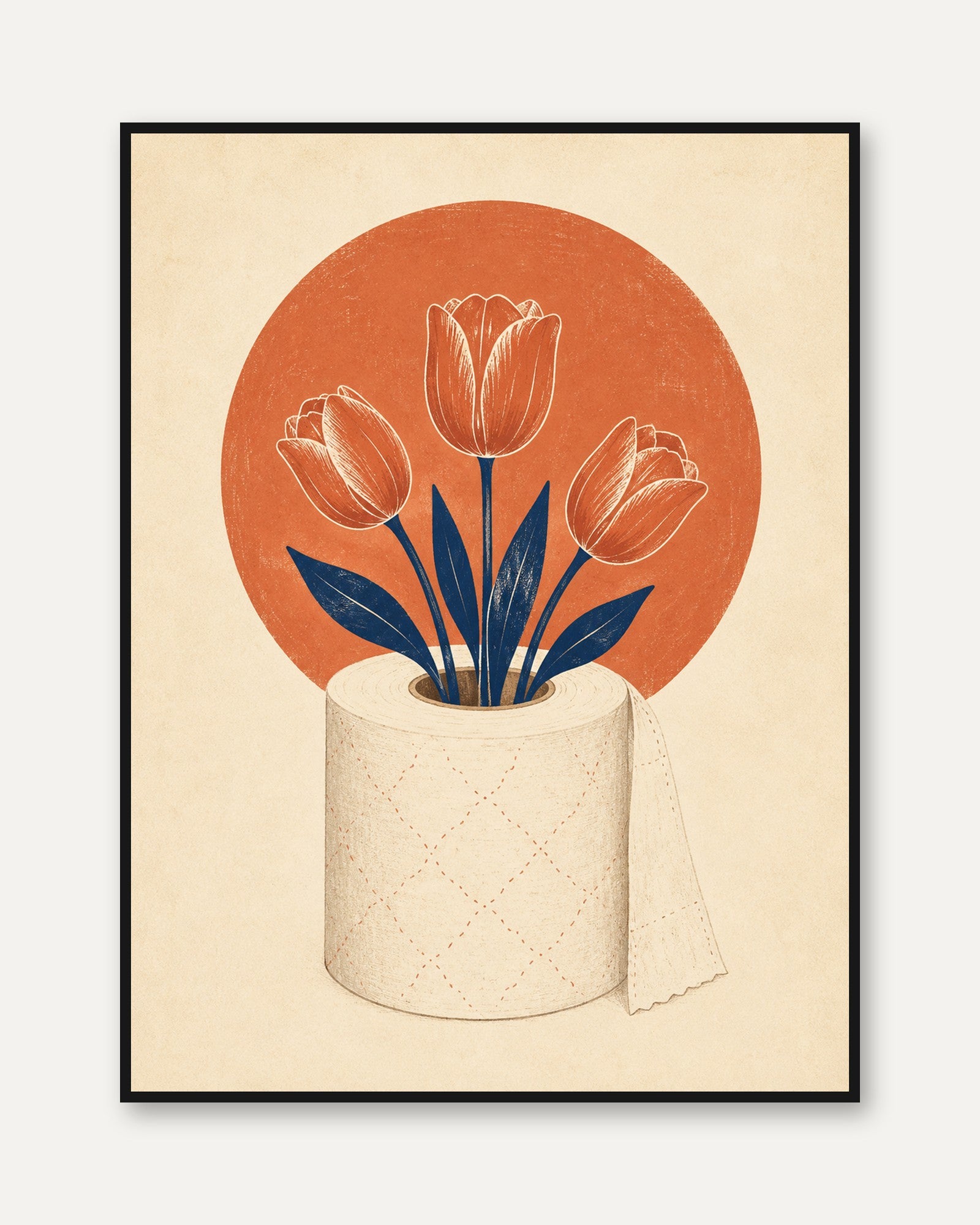 Tulip Toilet Paper Art Print: Retro Orange Circle Botanical - framed