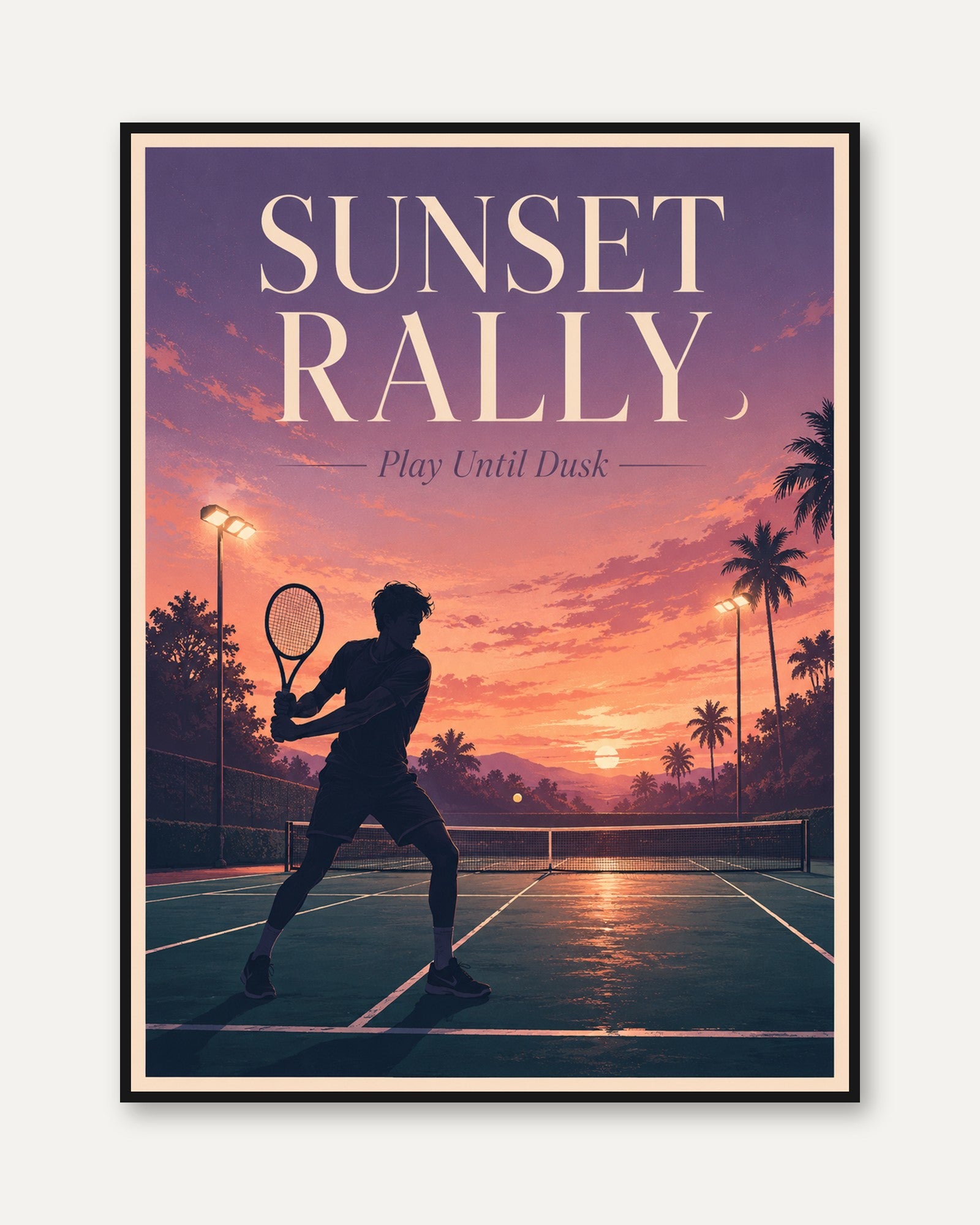 Sunset Tennis Court Poster: Retro Palm Tree Silhouette Art - framed