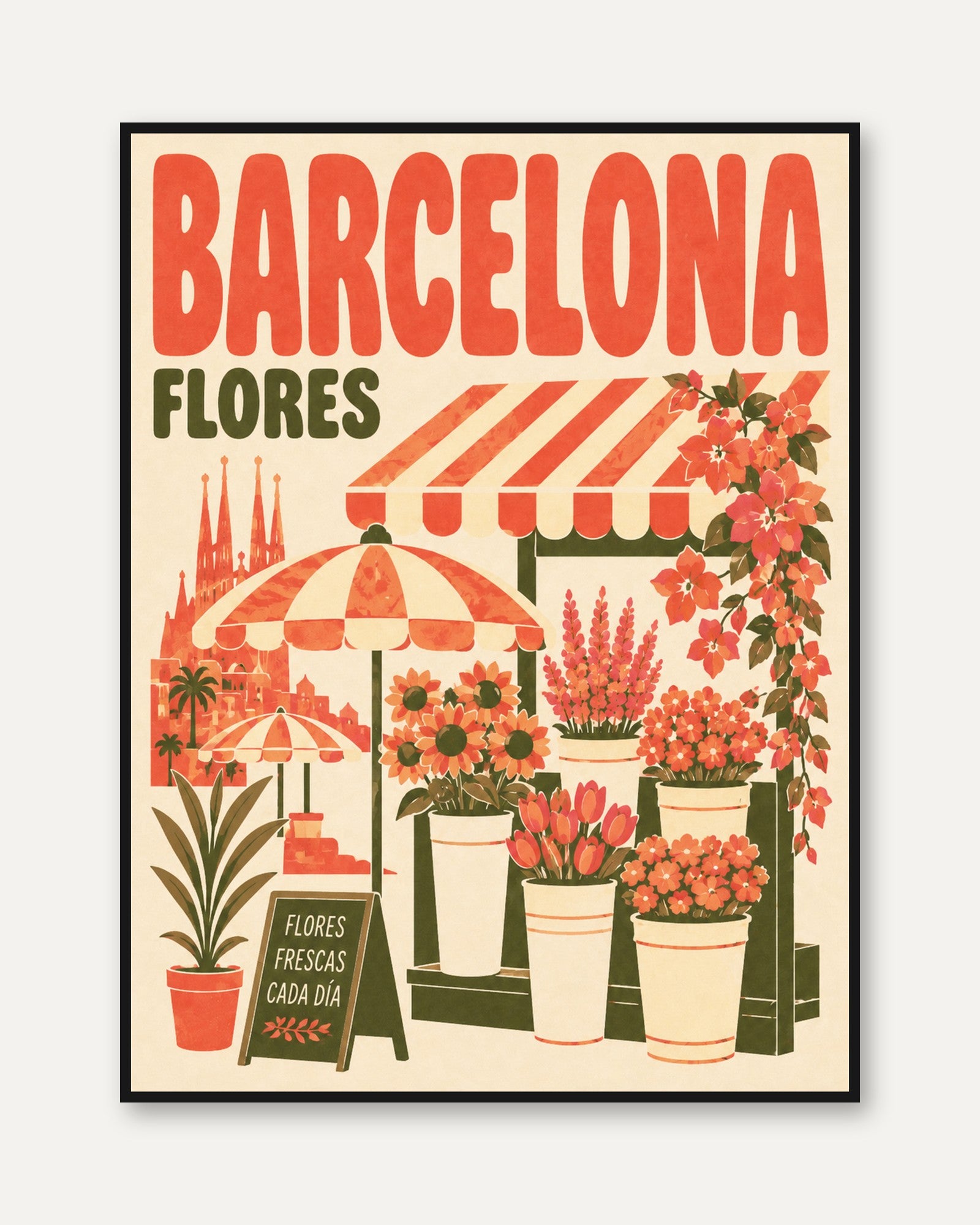 Vintage Travel Poster: Barcelona Flower Market - framed