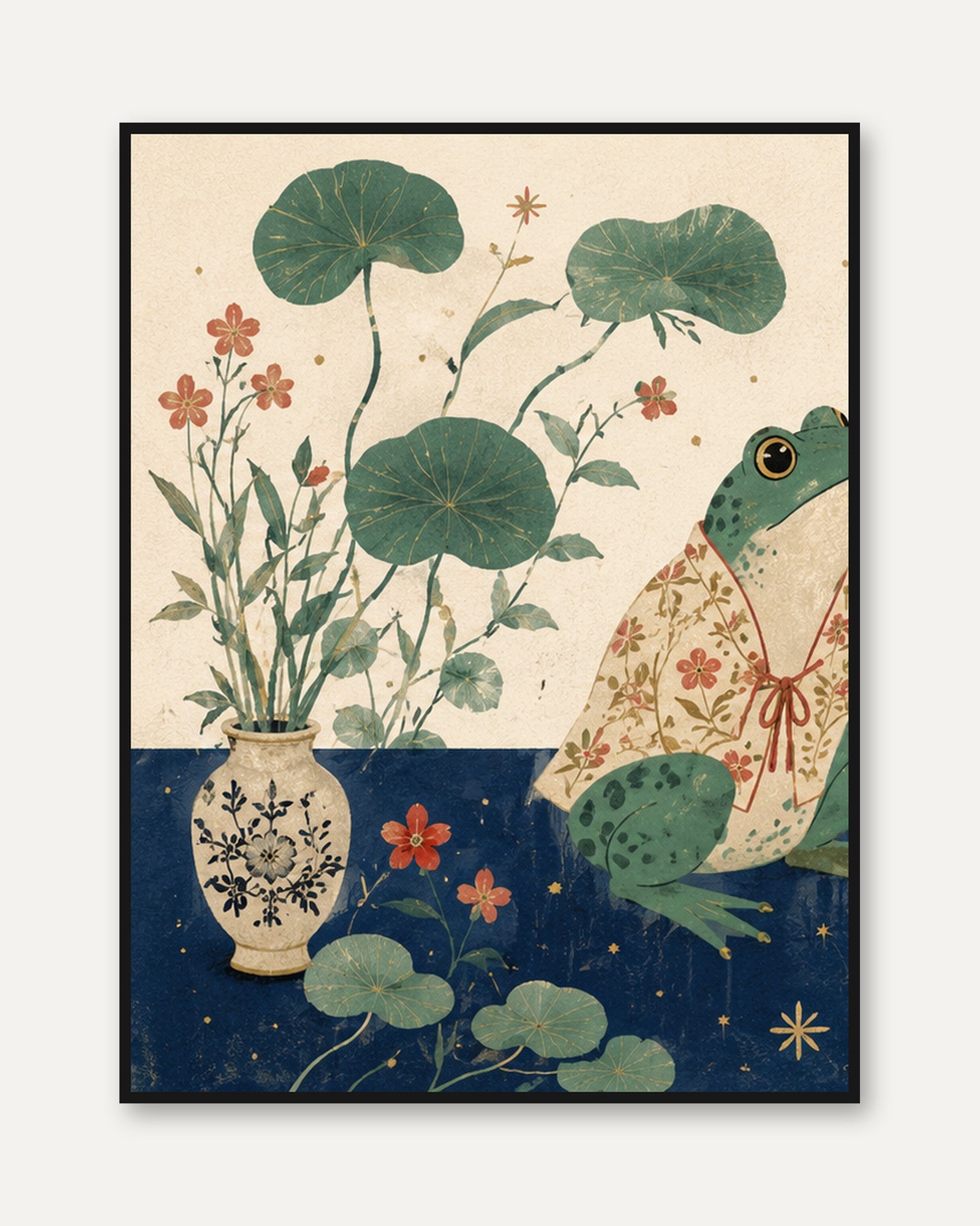 Botanical Frog Art Print: Vintage Japanese Floral Illustration - framed