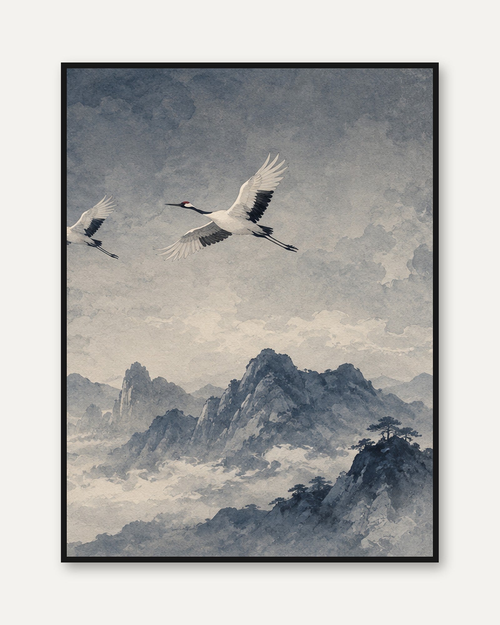 Japanese Cranes in Flight Art Print: Misty Mountain Landscape - framed