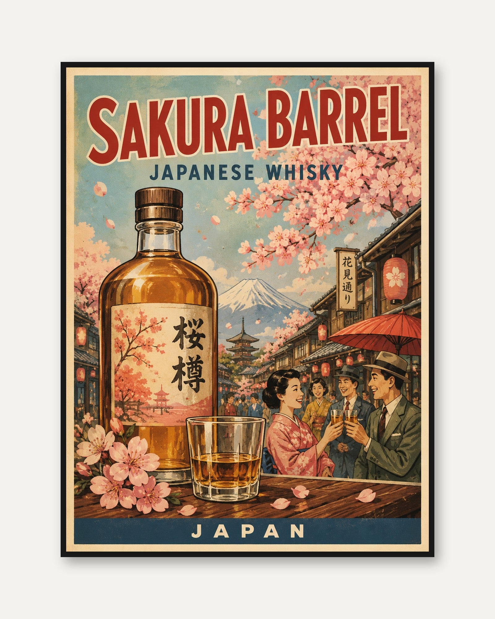 Japanese Whisky Poster Print: Vintage Sakura Barrel Ad - framed