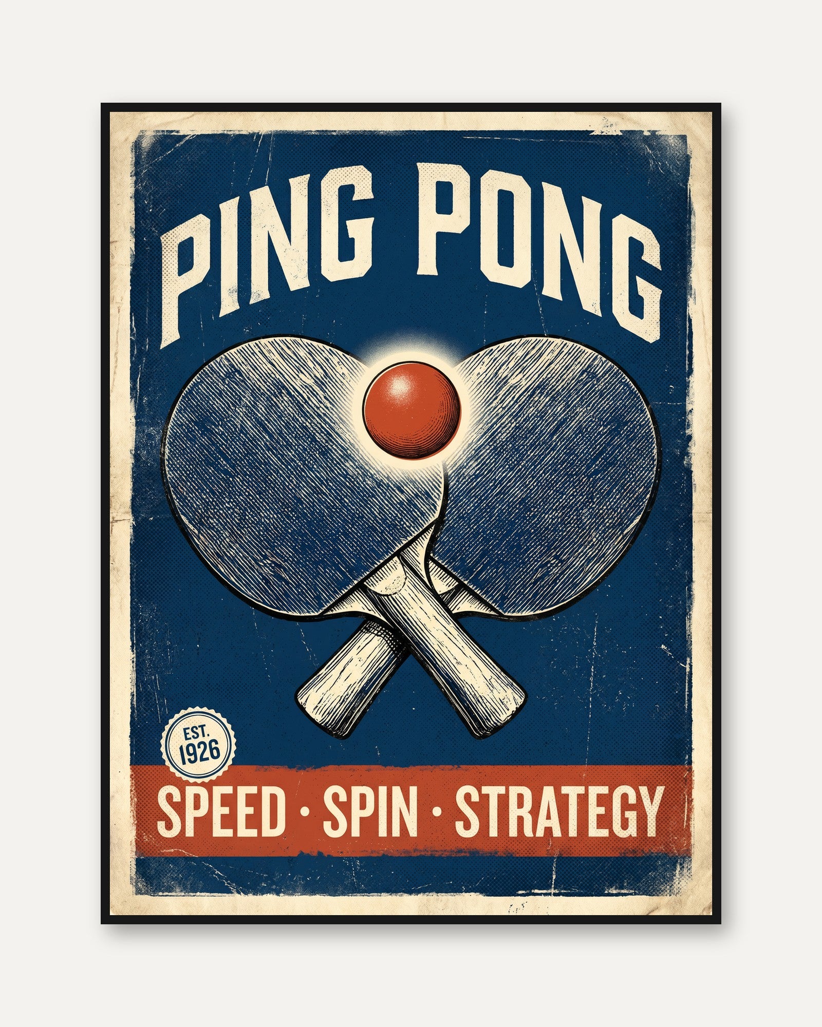 Navy Blue Wall Art Print — Vintage Table Tennis Poster - framed