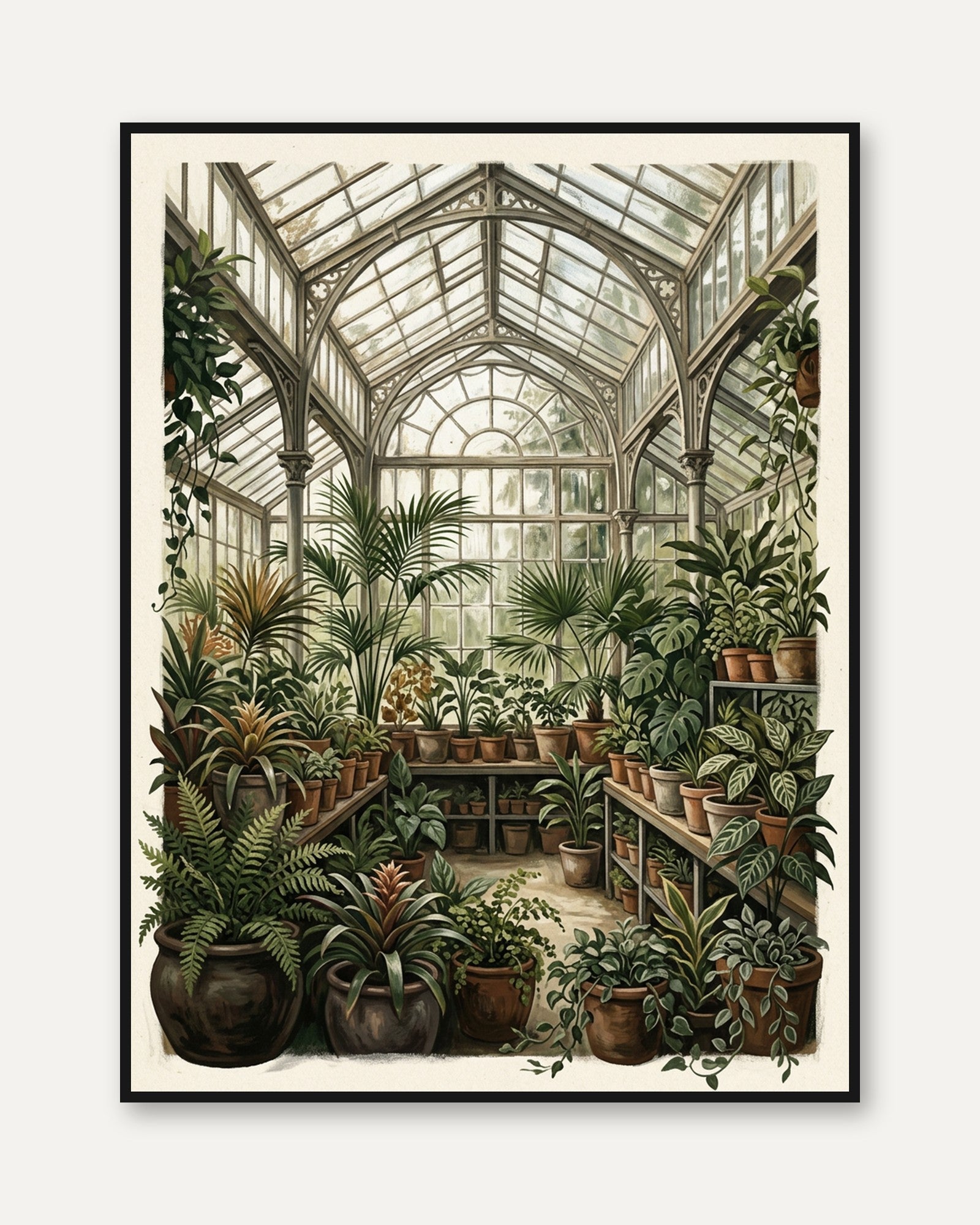 Victorian Greenhouse with Tropical Plants: Botanical Art Print - framed
