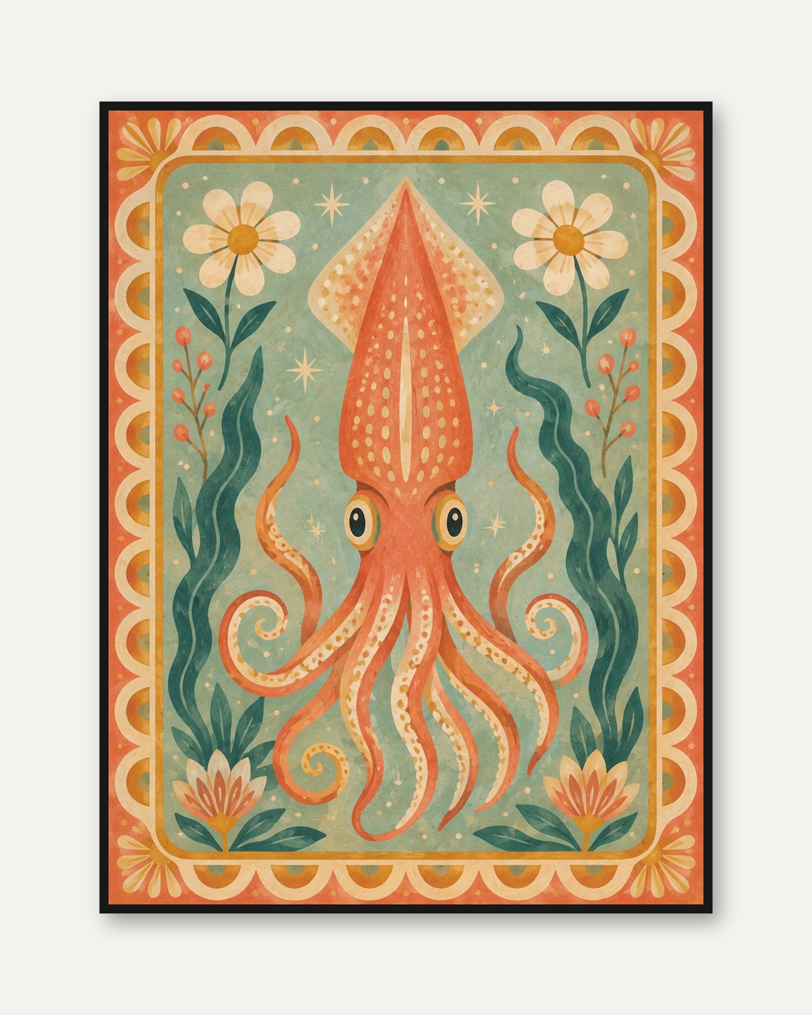 Folk Art Squid Print – Retro Ocean Wall Art - framed