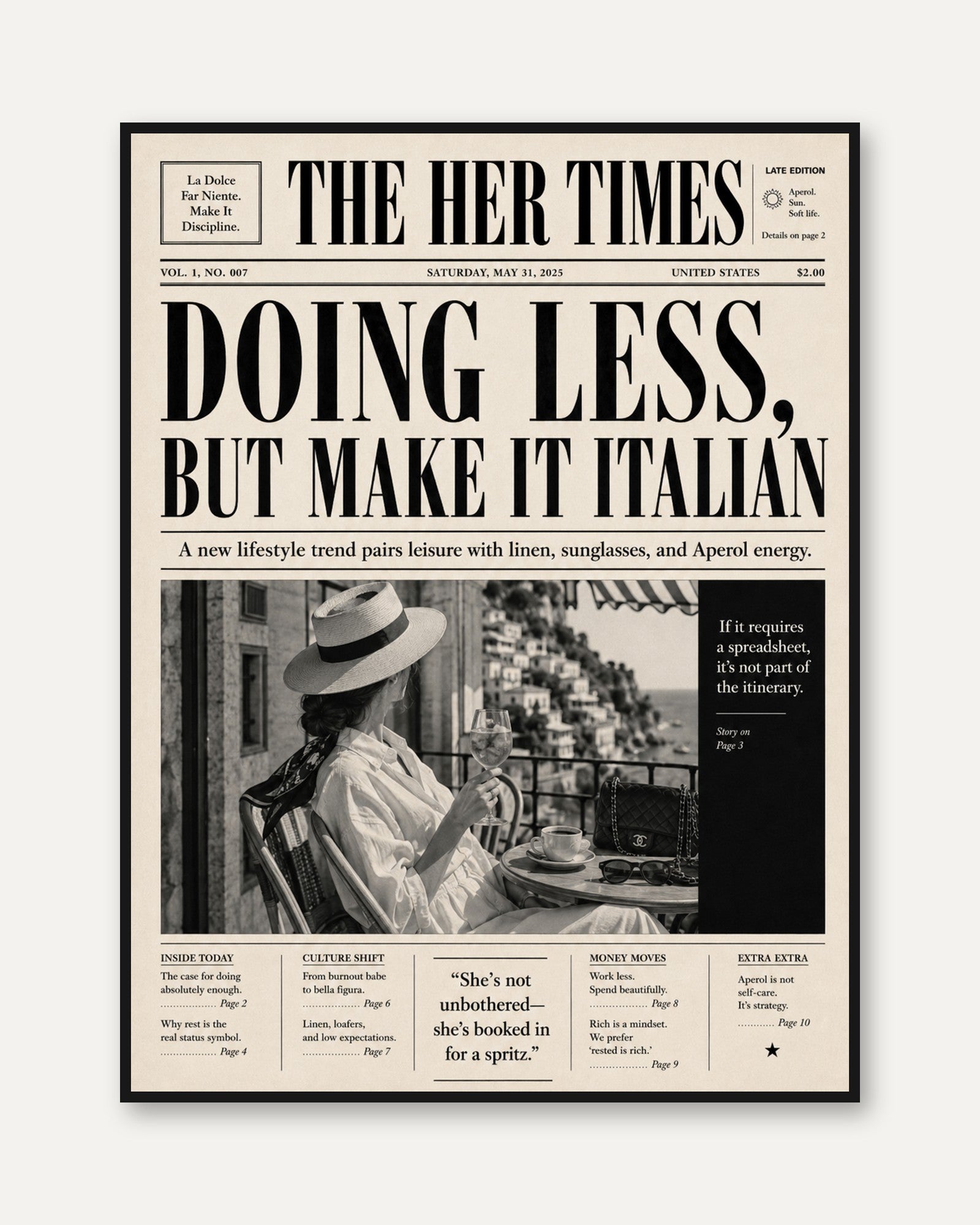 Vintage Newspaper Wall Art: Italian Lifestyle Print - framed