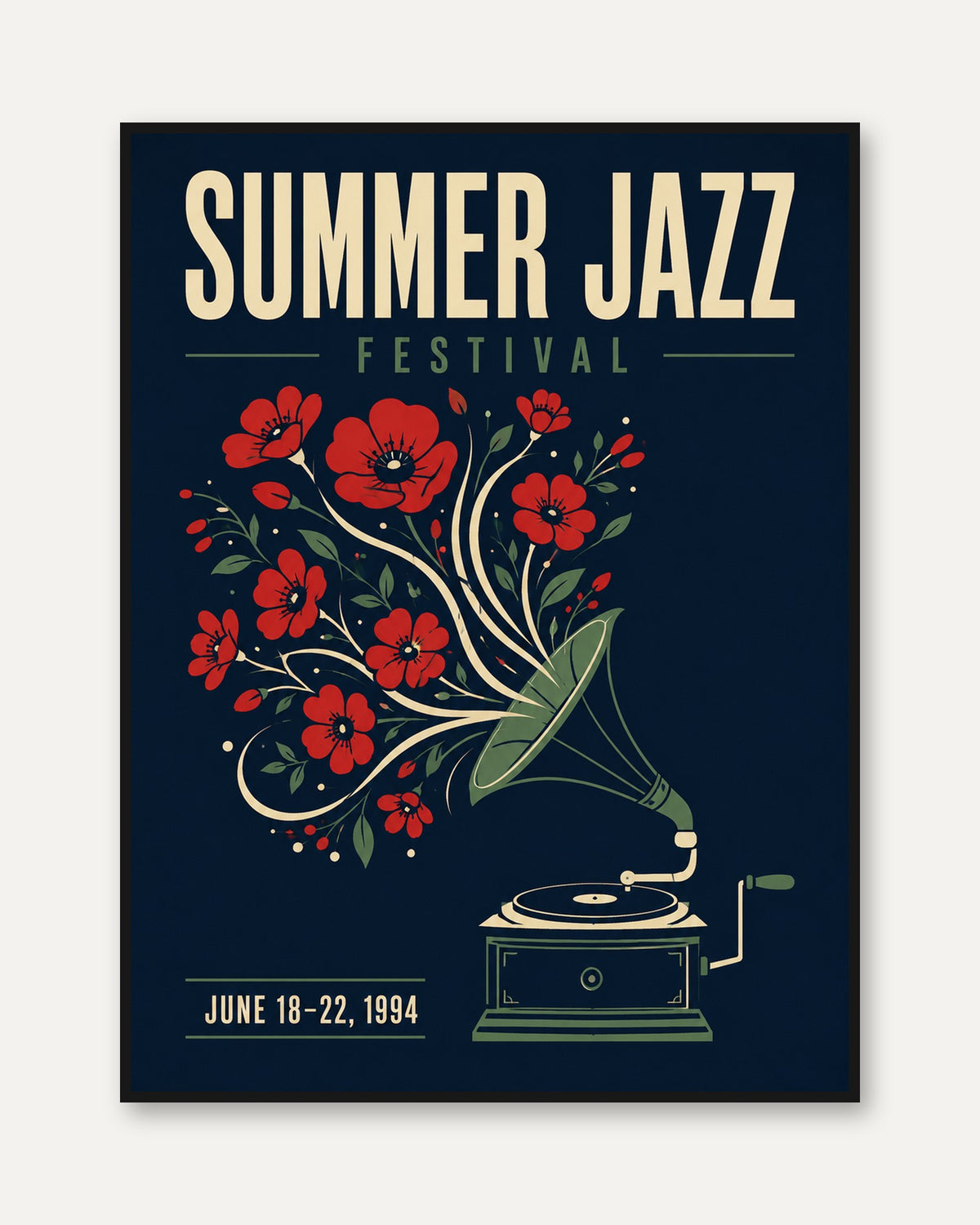 Summer Jazz Festival Poster: Vintage Gramophone with Red Poppies - framed