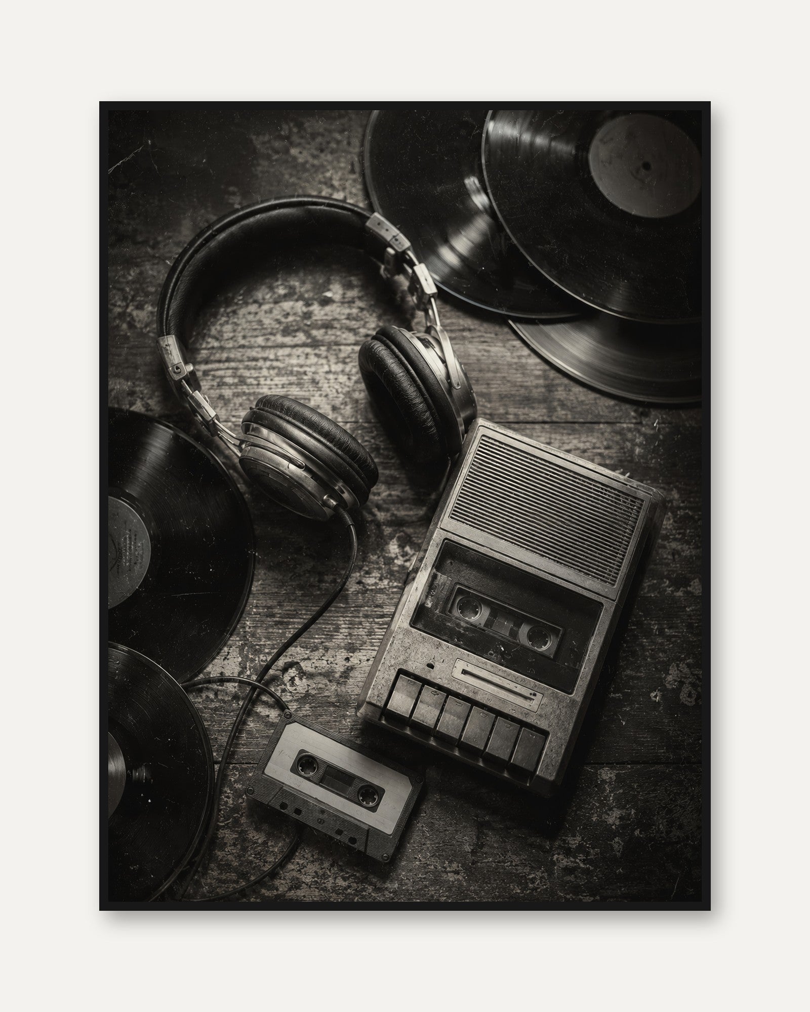 Vintage Audio Equipment Print — Retro Cassette & Vinyl Photography - framed