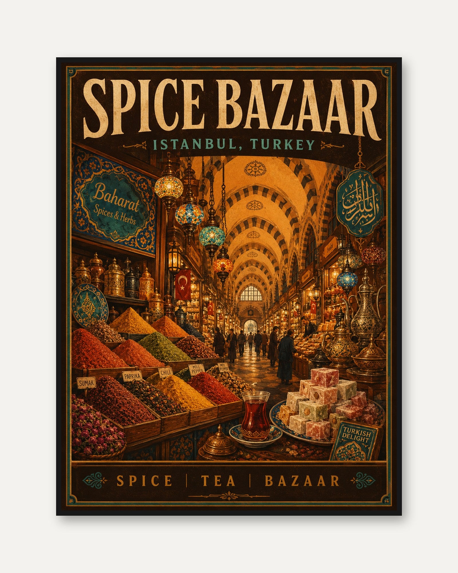 Spice Bazaar Vintage Travel Poster — Istanbul Turkey Market - framed