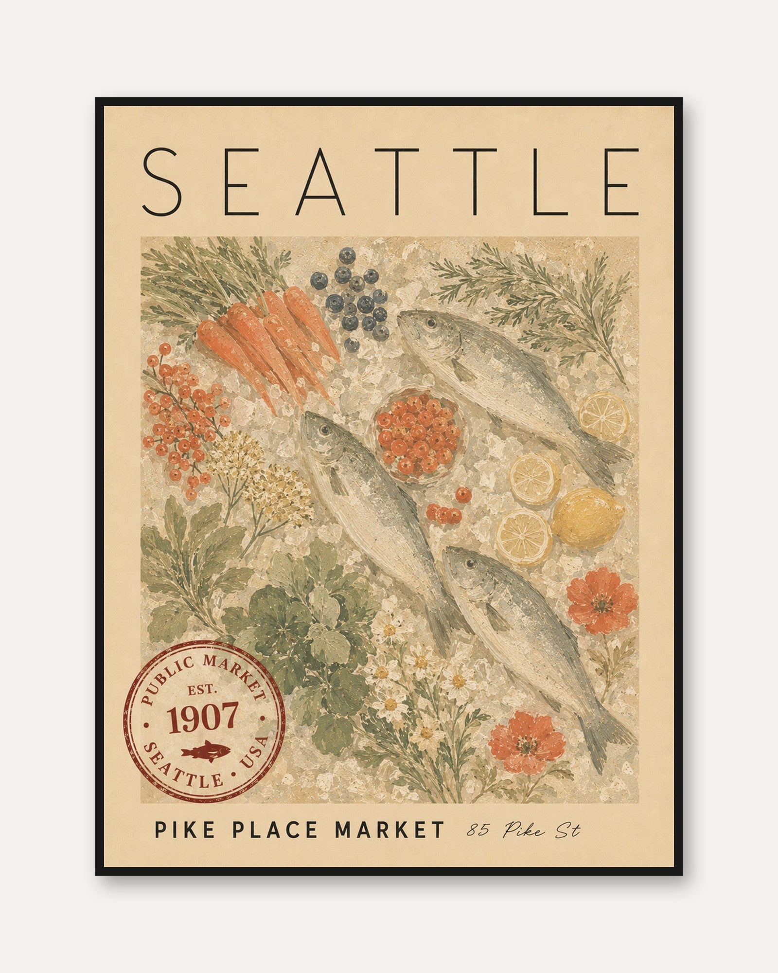 Seattle Travel Poster – Pike Place Market Print - framed