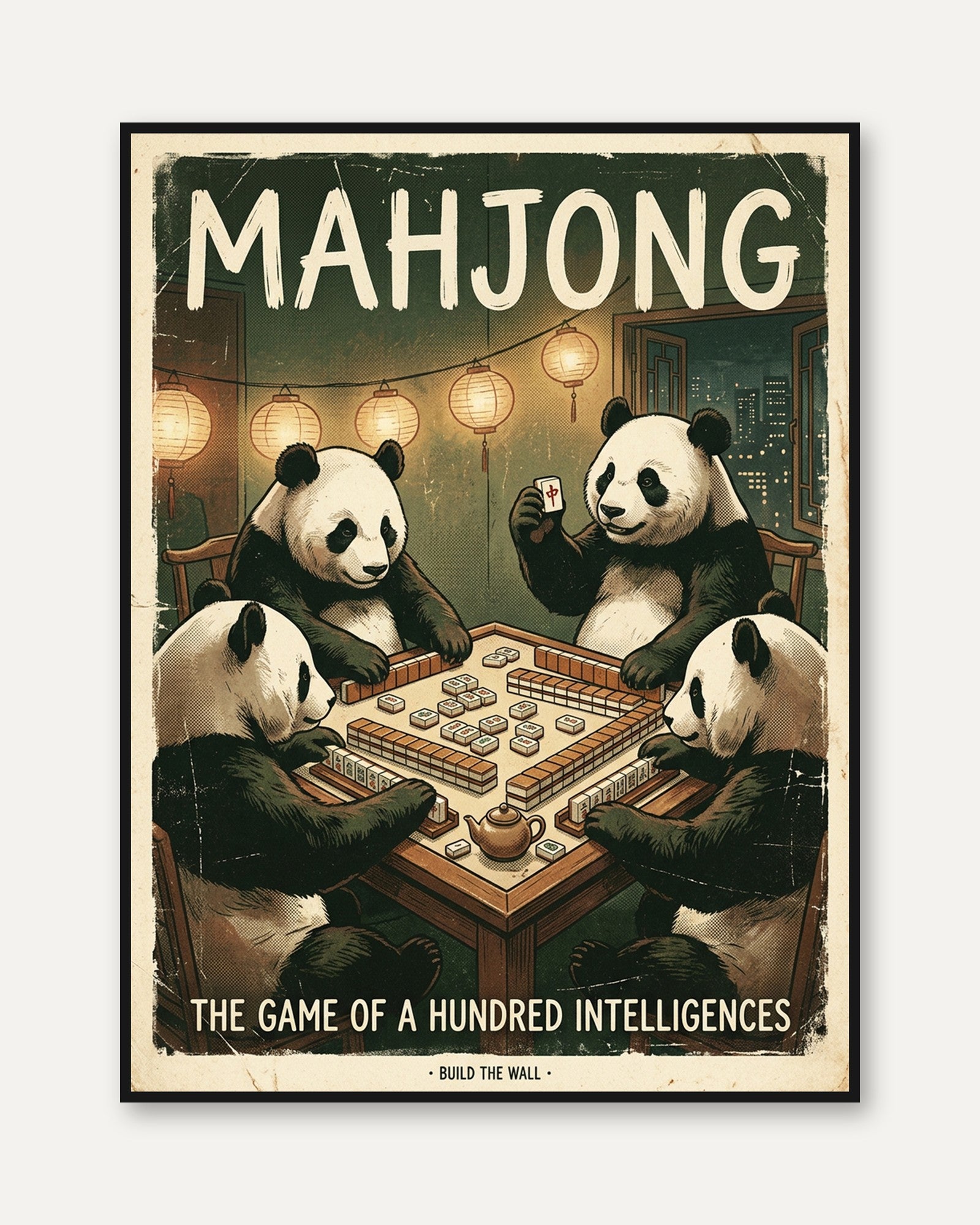 Mahjong Pandas Vintage Poster: Retro Game Room Wall Art - framed