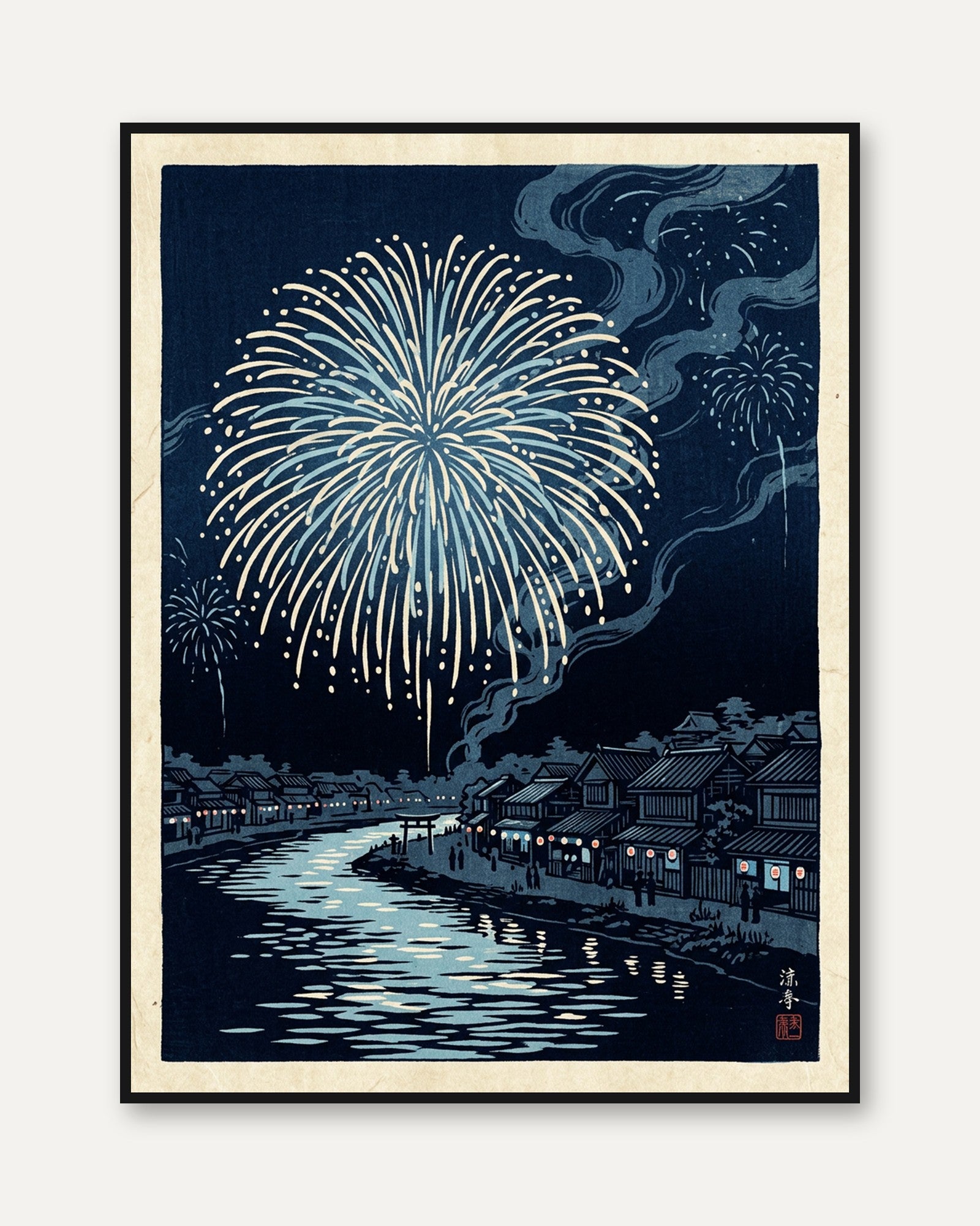 Japanese Fireworks Over River Town: Ukiyo-e Style Art Print - framed