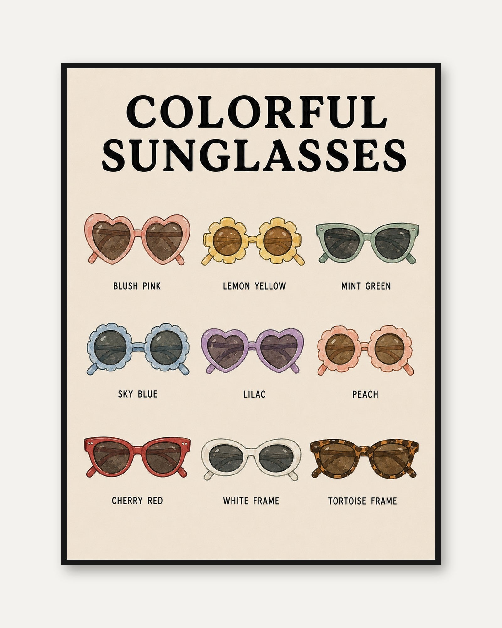 Colorful Sunglasses Print — Whimsical Retro Fashion Illustration - framed